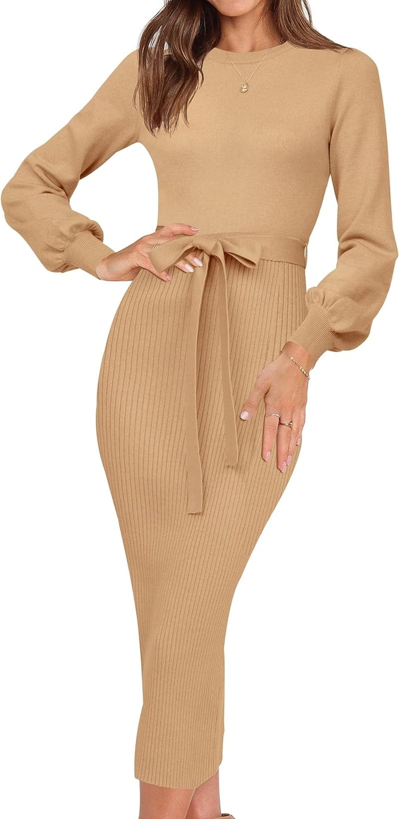 HAEOF Womens 2023 Fall & Winter Sweater Dress Elegant Ribbed Knit Crewneck Long Puff Sleeve Bodycon Midi Dress with Belt Khaki / X-Large