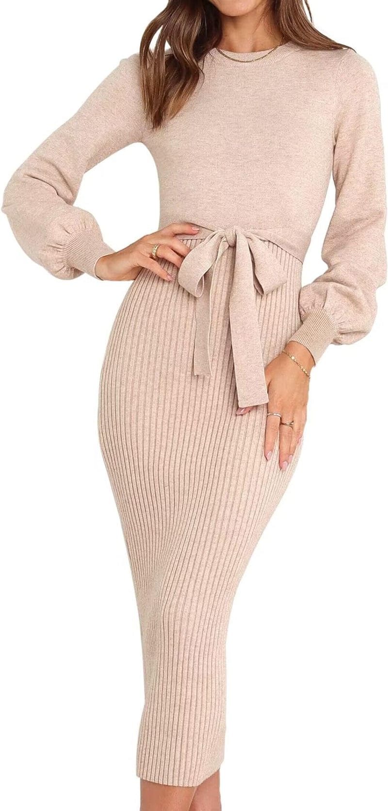 HAEOF Womens 2023 Fall & Winter Sweater Dress Elegant Ribbed Knit Crewneck Long Puff Sleeve Bodycon Midi Dress with Belt Light Khaki / X-Large