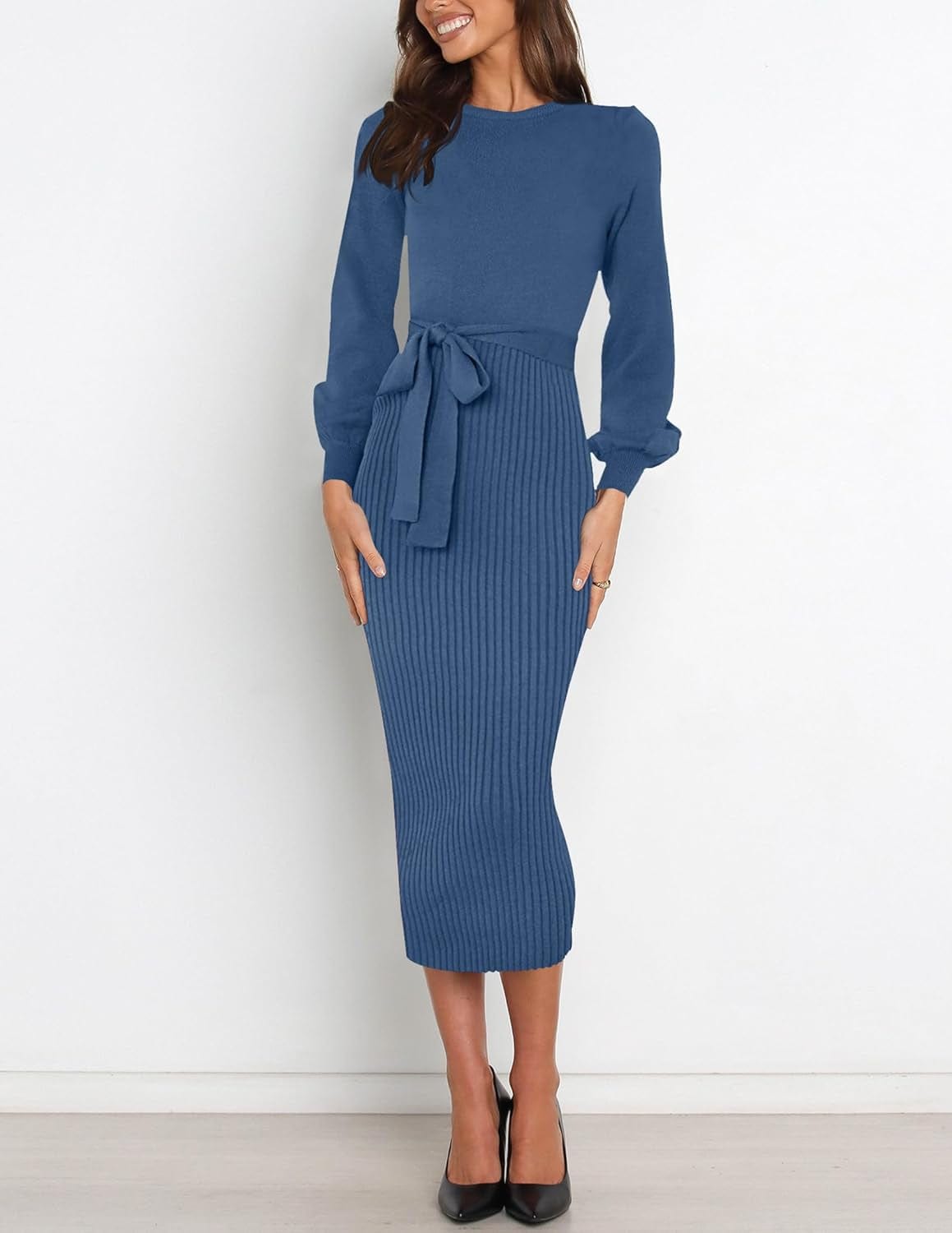 HAEOF Womens 2023 Fall & Winter Sweater Dress Elegant Ribbed Knit Crewneck Long Puff Sleeve Bodycon Midi Dress with Belt