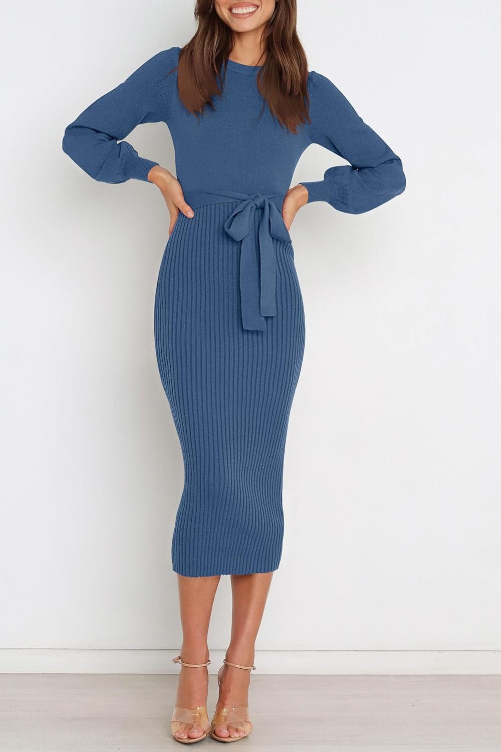 HAEOF Womens 2023 Fall & Winter Sweater Dress Elegant Ribbed Knit Crewneck Long Puff Sleeve Bodycon Midi Dress with Belt