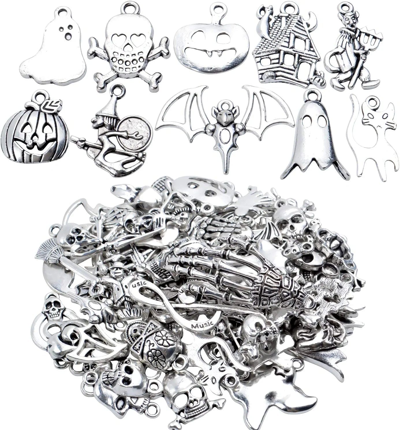 Halloween Charms,100 Grams(About 55-60 Pieces) Assorted Silver Pendants Skeleton Pumpkin Bat Witch Collection for Jewelry Making Key Rings Crafts Style3