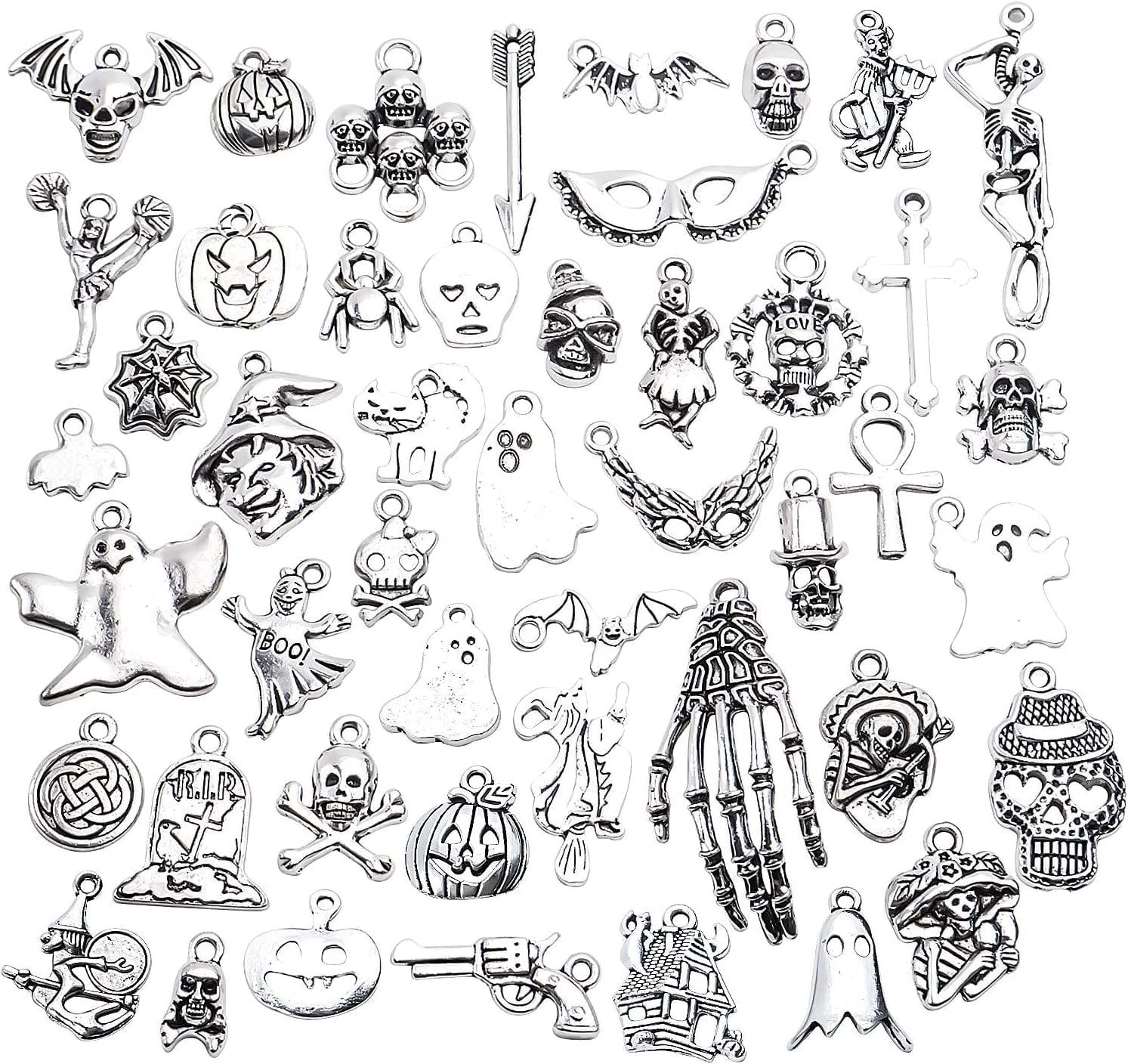 Halloween Charms,100 Grams(About 55-60 Pieces) Assorted Silver Pendants Skeleton Pumpkin Bat Witch Collection for Jewelry Making Key Rings Crafts Style2