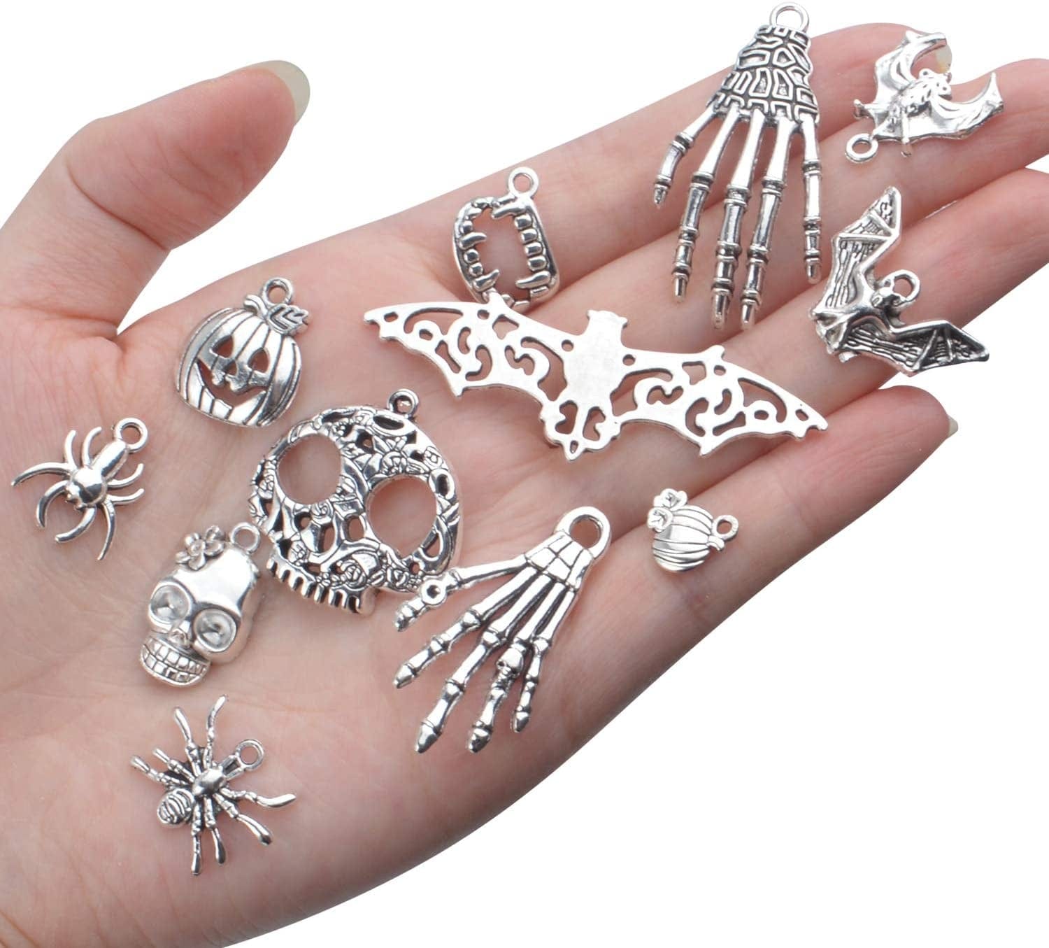 Halloween Charms,100 Grams(About 55-60 Pieces) Assorted Silver Pendants Skeleton Pumpkin Bat Witch Collection for Jewelry Making Key Rings Crafts