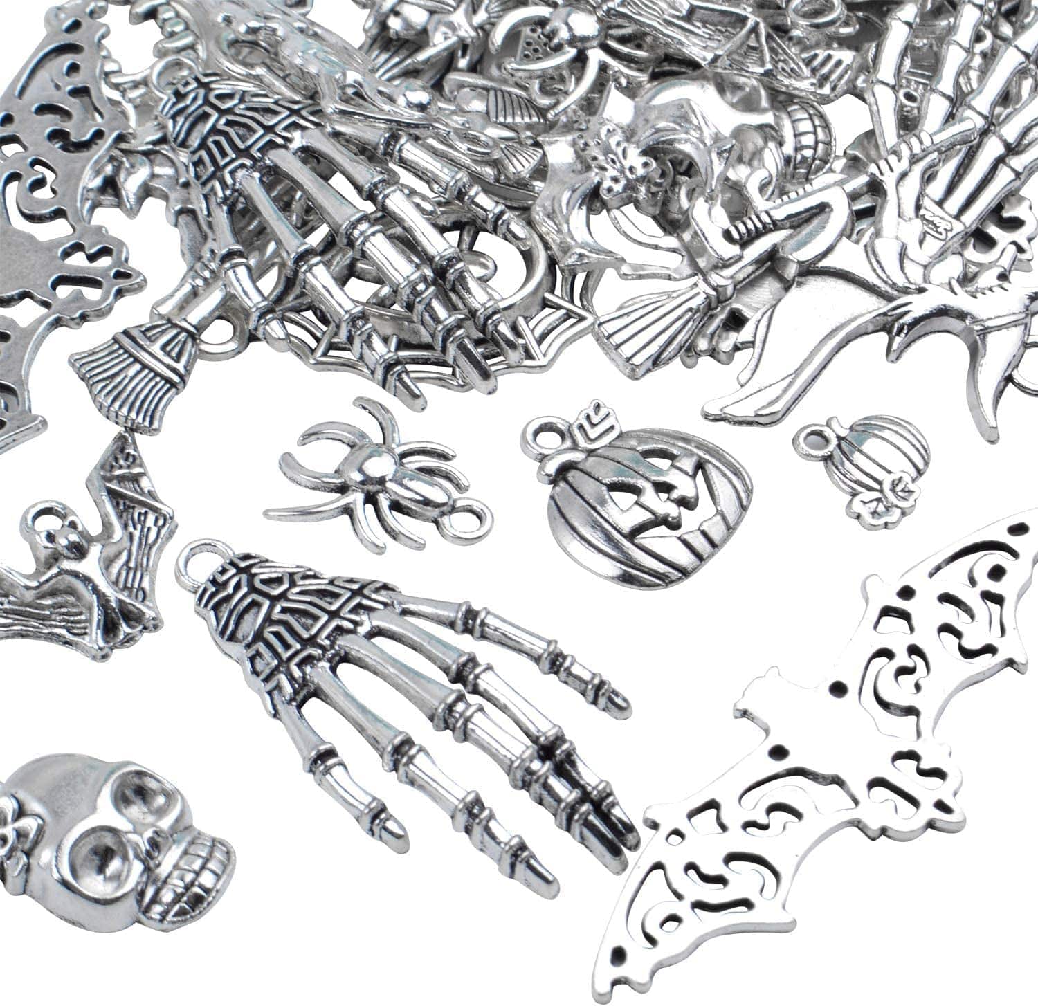 Halloween Charms,100 Grams(About 55-60 Pieces) Assorted Silver Pendants Skeleton Pumpkin Bat Witch Collection for Jewelry Making Key Rings Crafts