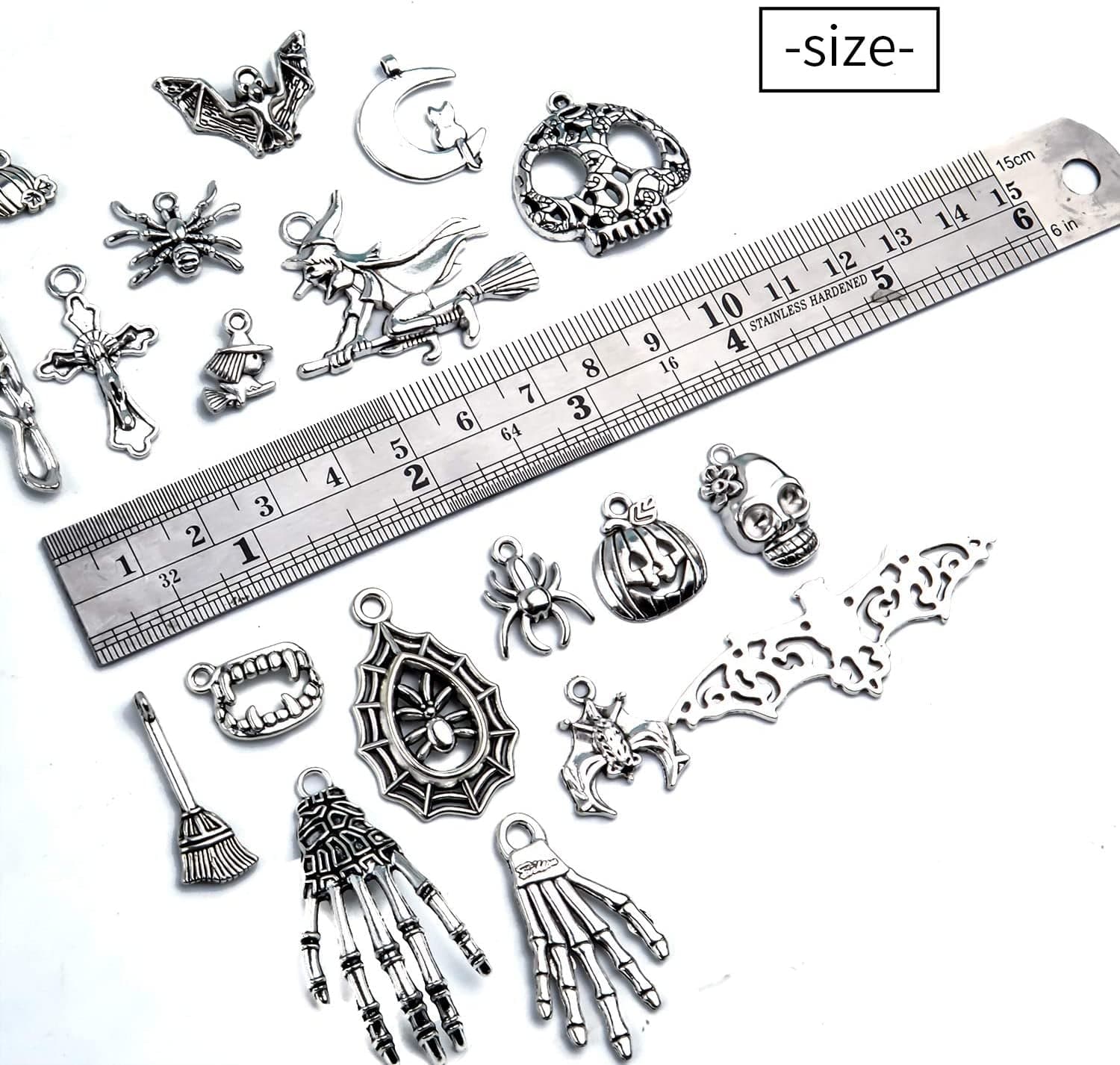 Halloween Charms,100 Grams(About 55-60 Pieces) Assorted Silver Pendants Skeleton Pumpkin Bat Witch Collection for Jewelry Making Key Rings Crafts