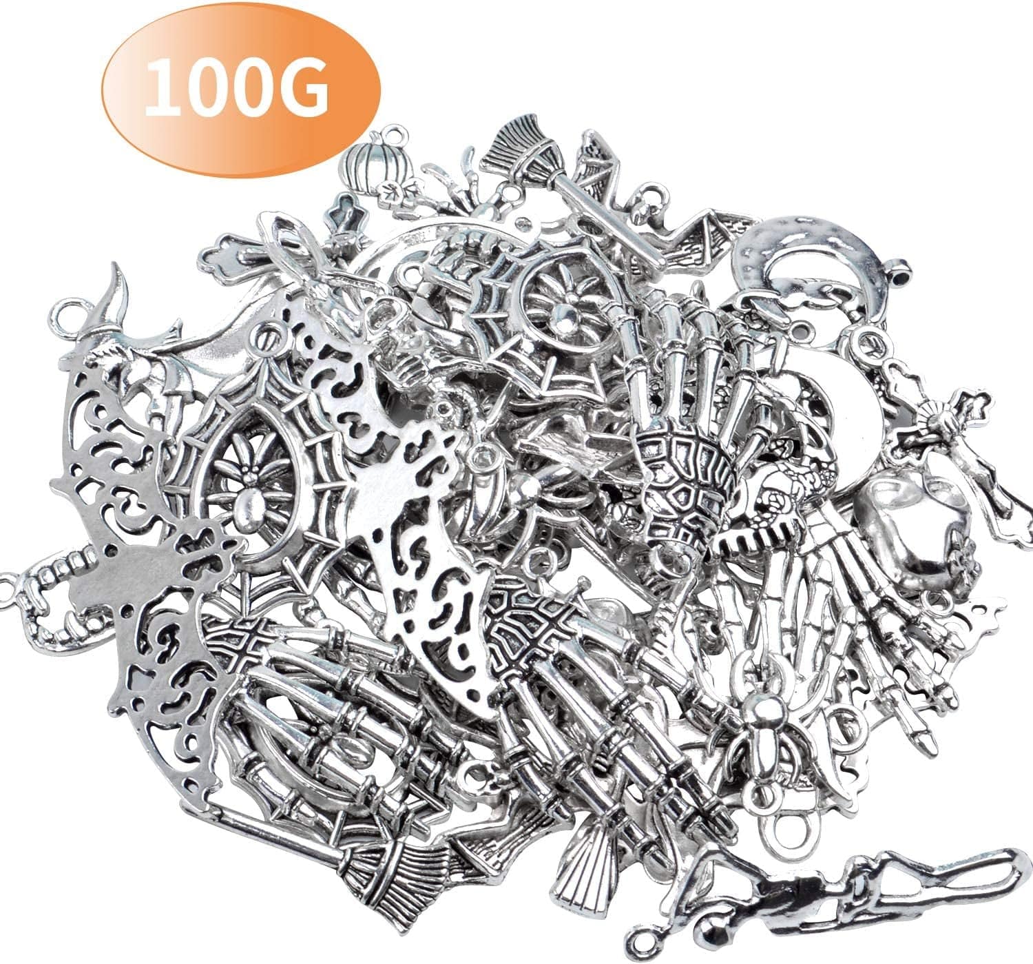 Halloween Charms,100 Grams(About 55-60 Pieces) Assorted Silver Pendants Skeleton Pumpkin Bat Witch Collection for Jewelry Making Key Rings Crafts