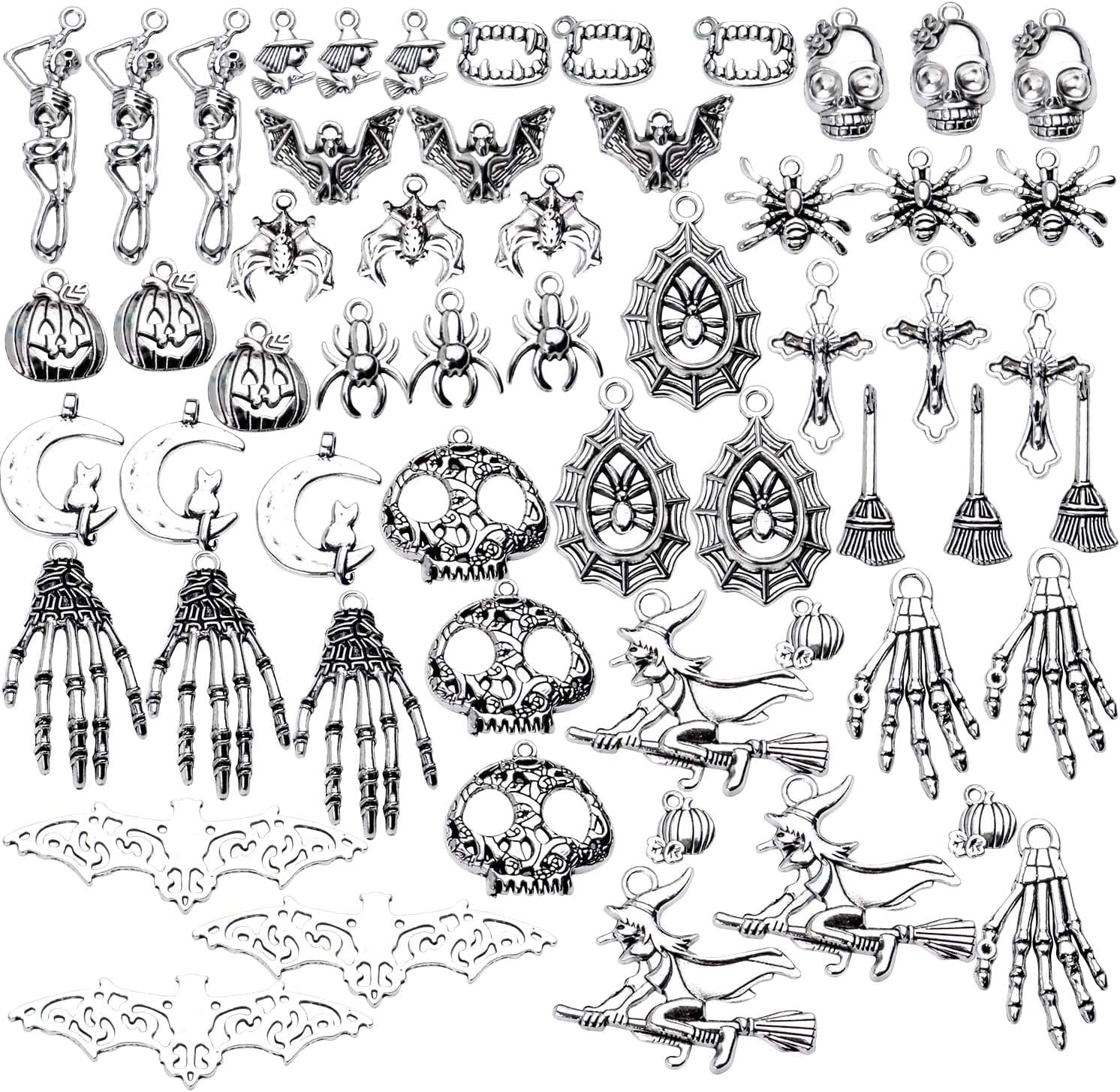 Halloween Charms,100 Grams(About 55-60 Pieces) Assorted Silver Pendants Skeleton Pumpkin Bat Witch Collection for Jewelry Making Key Rings Crafts Style1