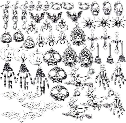 Halloween Charms,100 Grams(About 55-60 Pieces) Assorted Silver Pendants Skeleton Pumpkin Bat Witch Collection for Jewelry Making Key Rings Crafts Style1