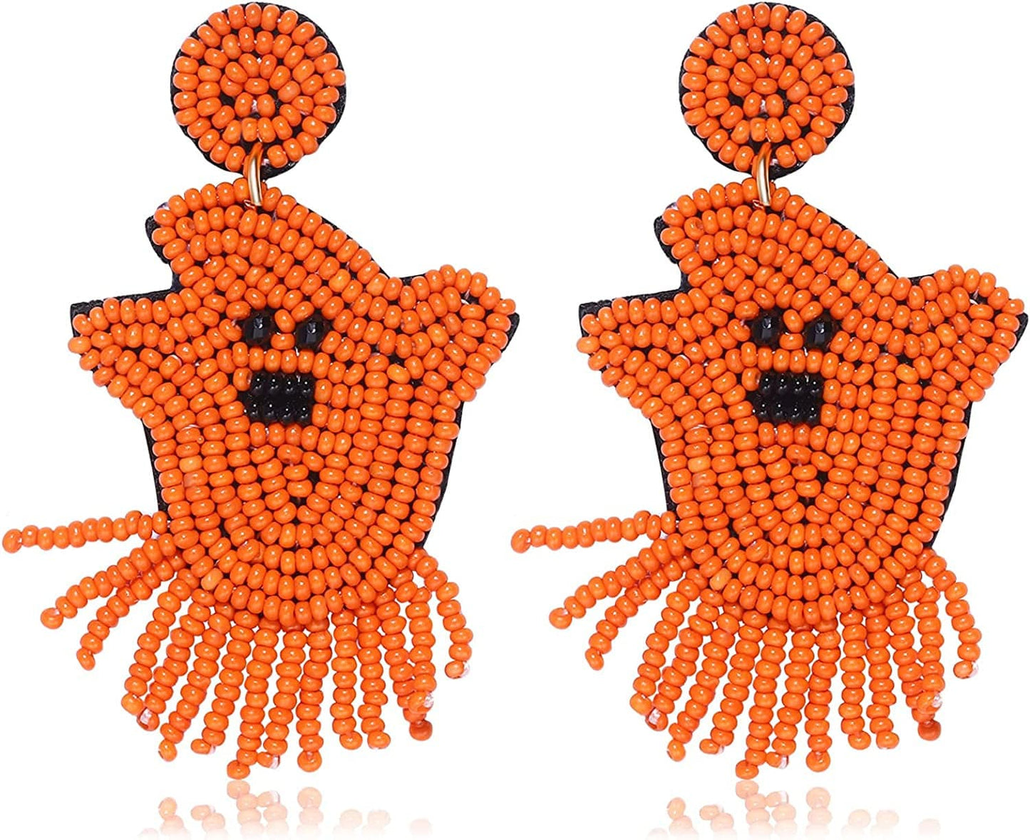 Halloween Earrings Beaded Fringe Pumpkin Spooky Ghost Dangle Earrings Halloween Costume Accessory Idea Gifts for Women Orange