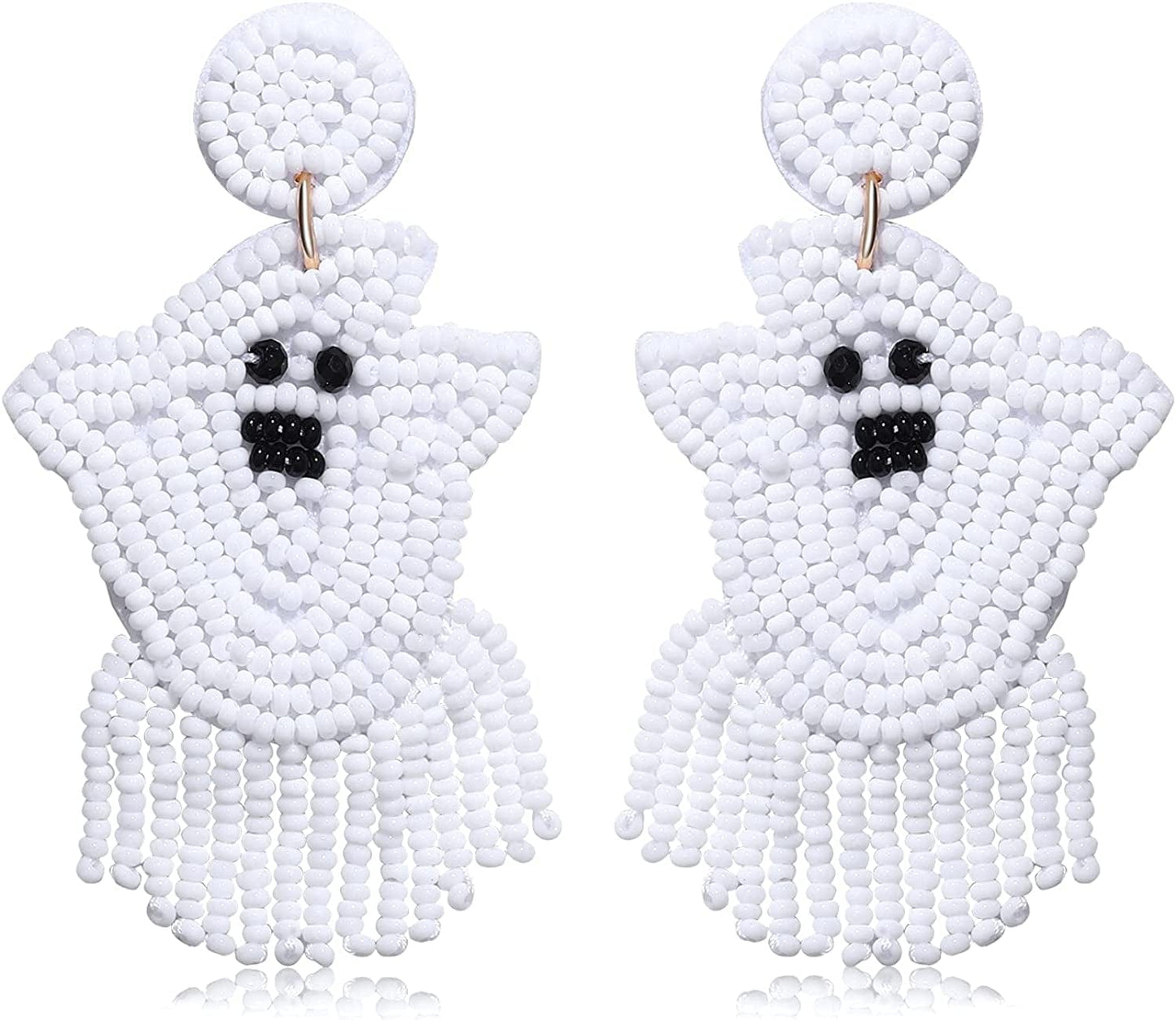 Halloween Earrings Beaded Fringe Pumpkin Spooky Ghost Dangle Earrings Halloween Costume Accessory Idea Gifts for Women White