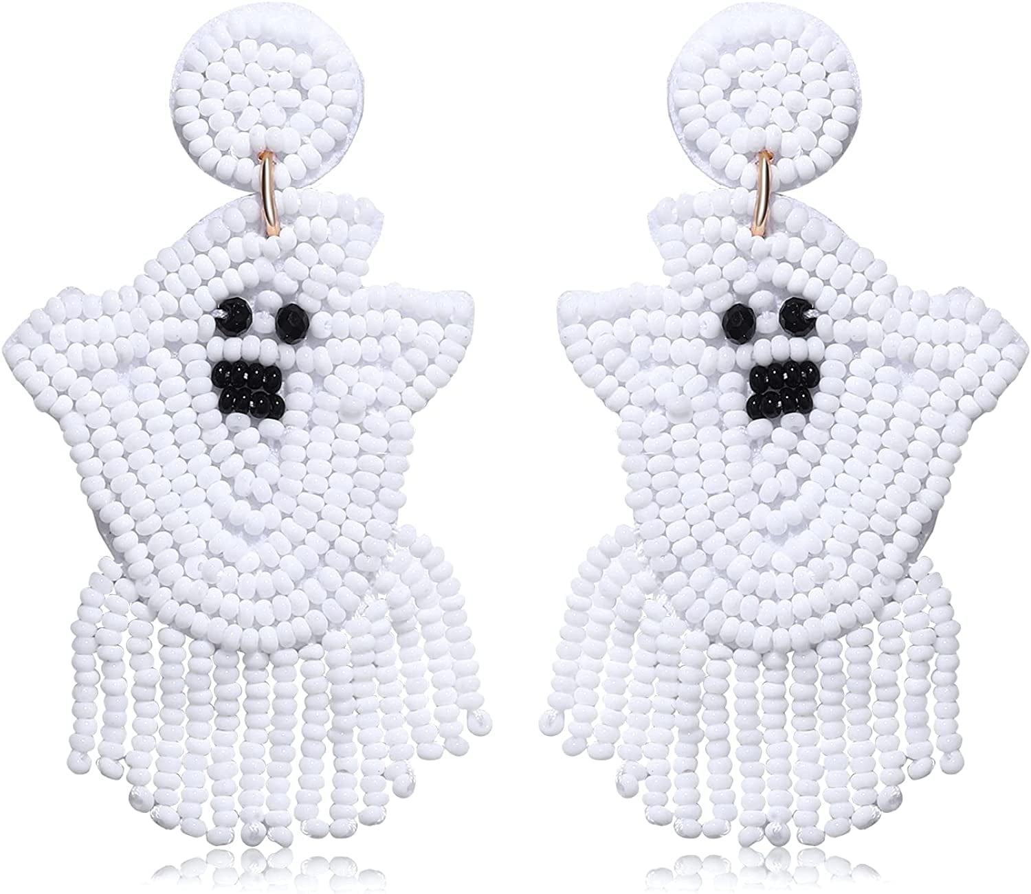 Halloween Earrings Beaded Fringe Pumpkin Spooky Ghost Dangle Earrings Halloween Costume Accessory Idea Gifts for Women White