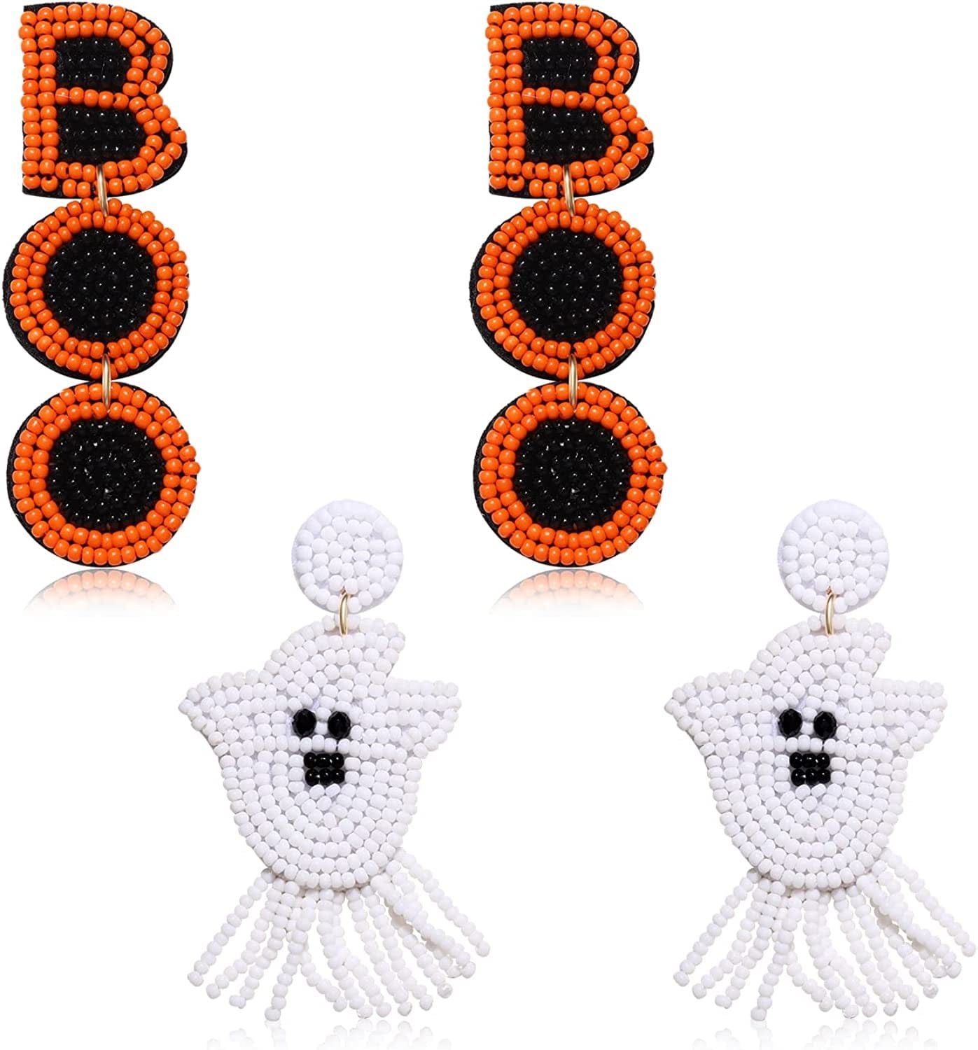 Halloween Earrings Beaded Fringe Pumpkin Spooky Ghost Dangle Earrings Halloween Costume Accessory Idea Gifts for Women BOO Ghost