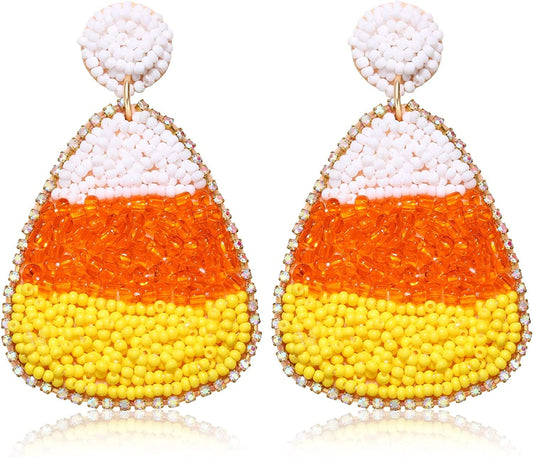 Halloween Earrings Beaded Fringe Pumpkin Spooky Ghost Dangle Earrings Halloween Costume Accessory Idea Gifts for Women Yellow Candy Corn