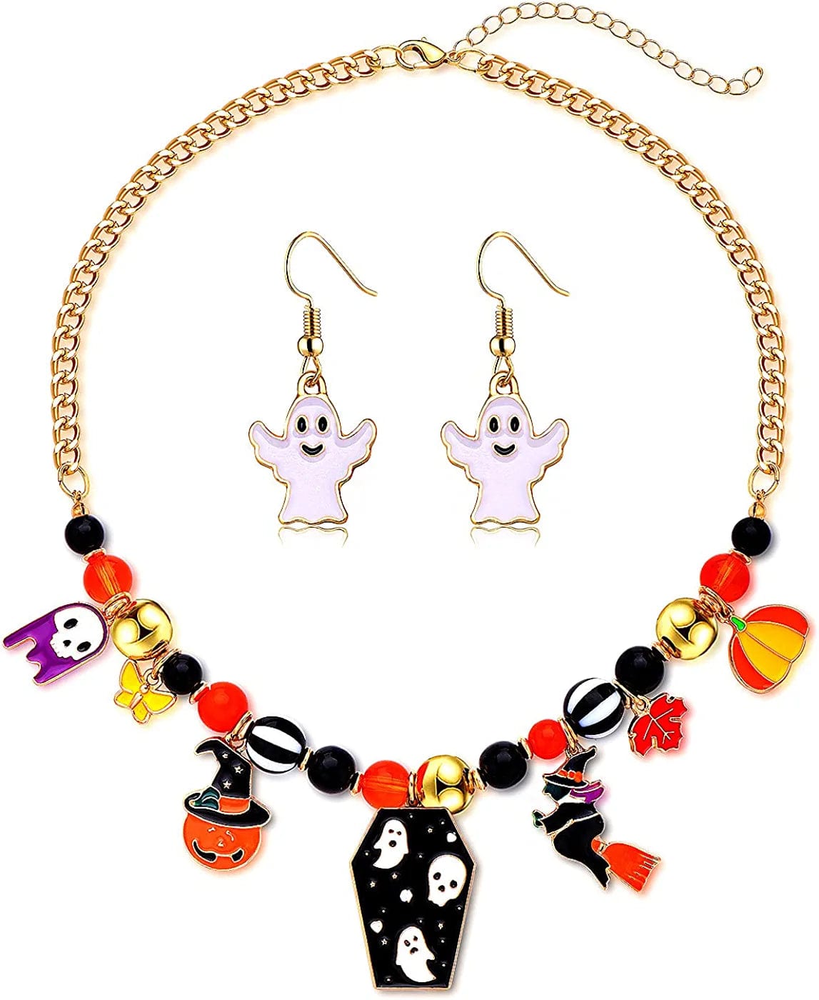 Halloween Necklace Earrings for Women Gothic Halloween Witch Hat Pumpkin Ghost Pendant Necklace Black Orange Beaded Chokers Dangle Earrings Costume Party Jewelry Set Ghost