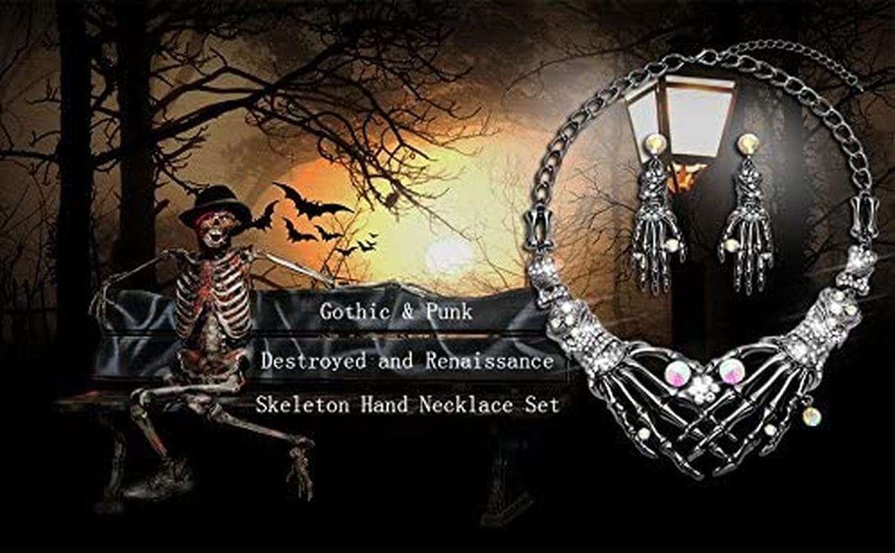 Halloween Punk Necklace Arrings Set Hypoallergenic Gothic Skull Skeleton Choker Necklace Earrings Jewelry Set for Women Girls Including 1 Chunky Necklace 1 Drop Earrings