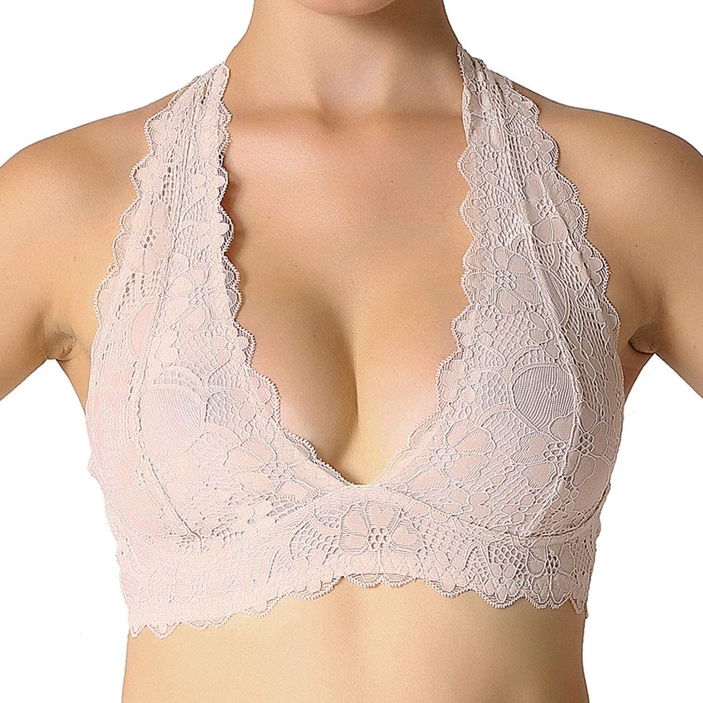 Halter Lace Bralette Unpadded Wireless Sheer Bra Bustier Full Coverage Lingerie Nude / Large