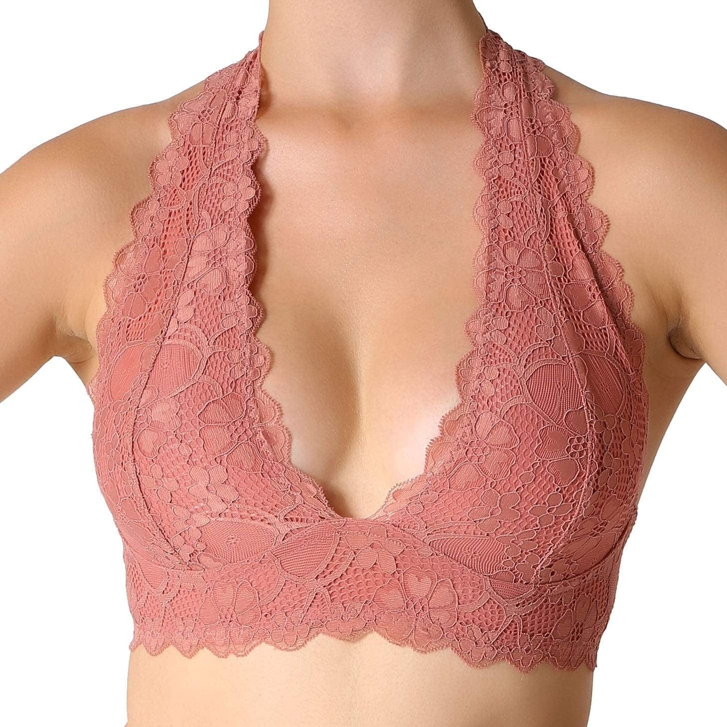 Halter Lace Bralette Unpadded Wireless Sheer Bra Bustier Full Coverage Lingerie Copper Red / X-Large