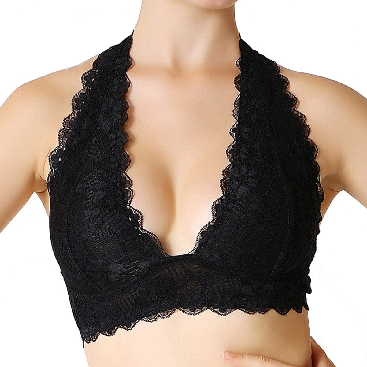 Halter Lace Bralette Unpadded Wireless Sheer Bra Bustier Full Coverage Lingerie Black / Medium