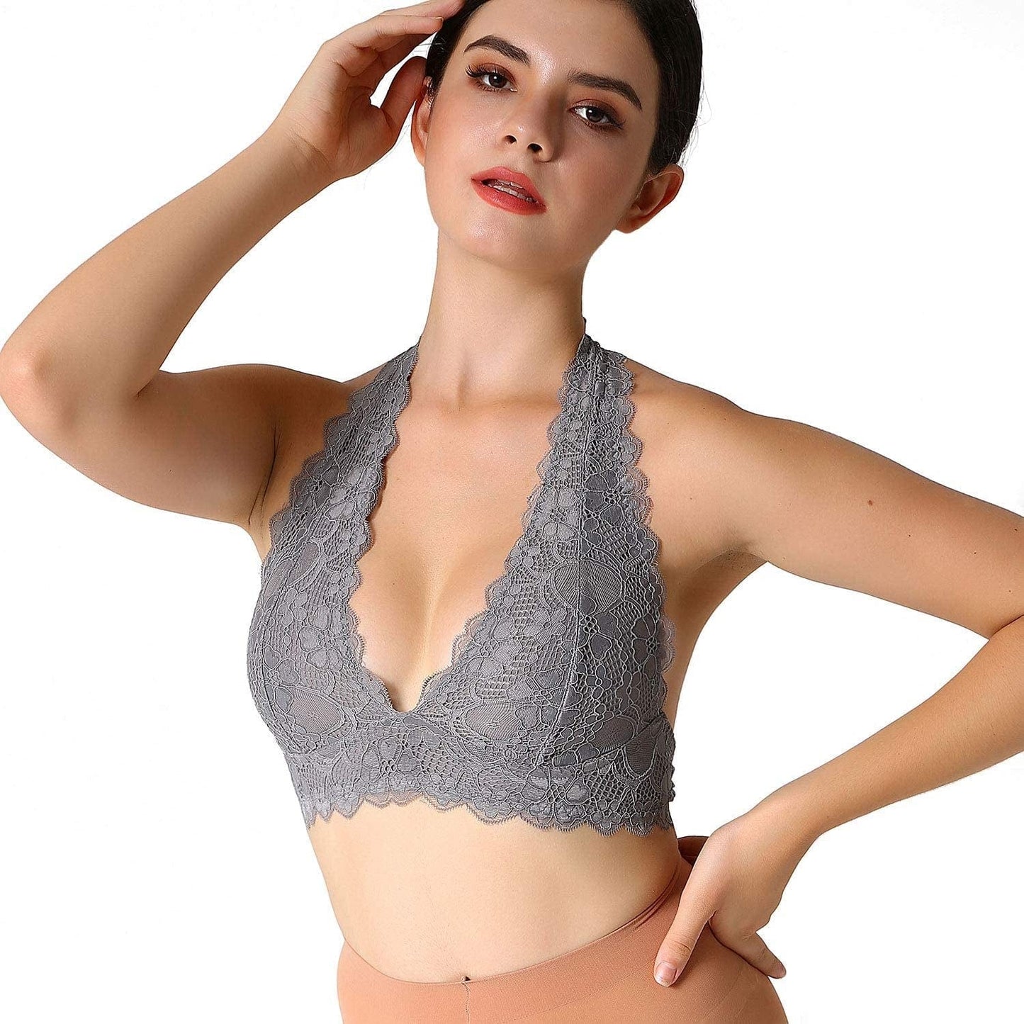 Halter Lace Bralette Unpadded Wireless Sheer Bra Bustier Full Coverage Lingerie
