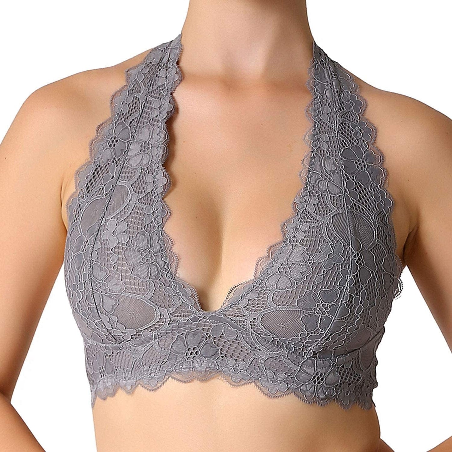 Halter Lace Bralette Unpadded Wireless Sheer Bra Bustier Full Coverage Lingerie Grey / Large