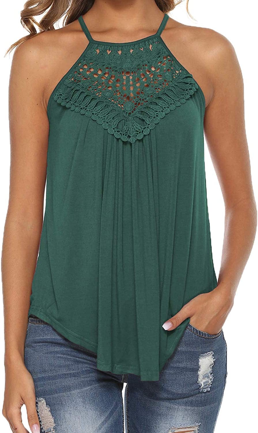 Halter Tank Tops for Women Summer Spaghetti Strap Lace Sleeveless Tops Shirts Green / Large