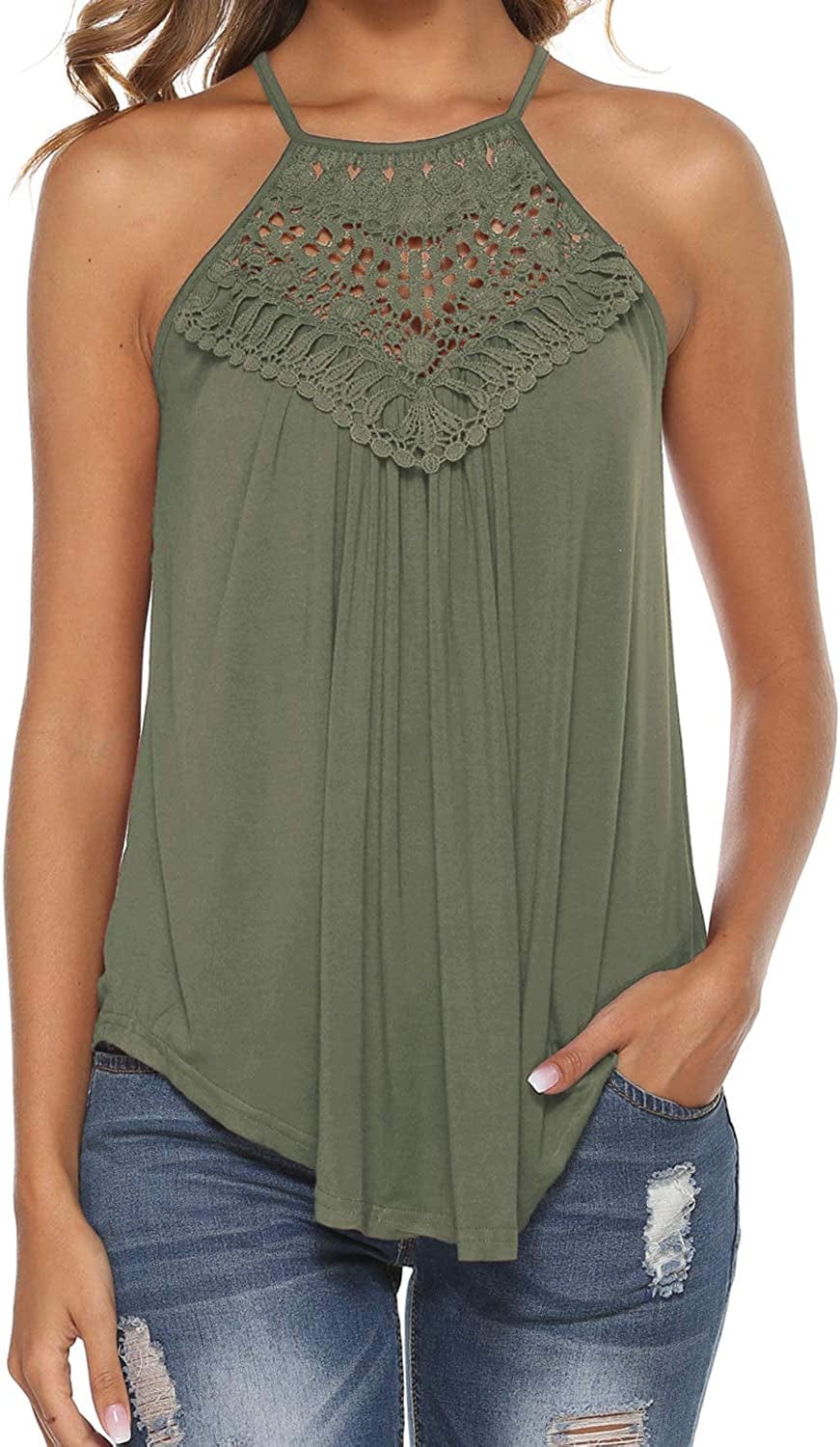 Halter Tank Tops for Women Summer Spaghetti Strap Lace Sleeveless Tops Shirts Olive Green / Large