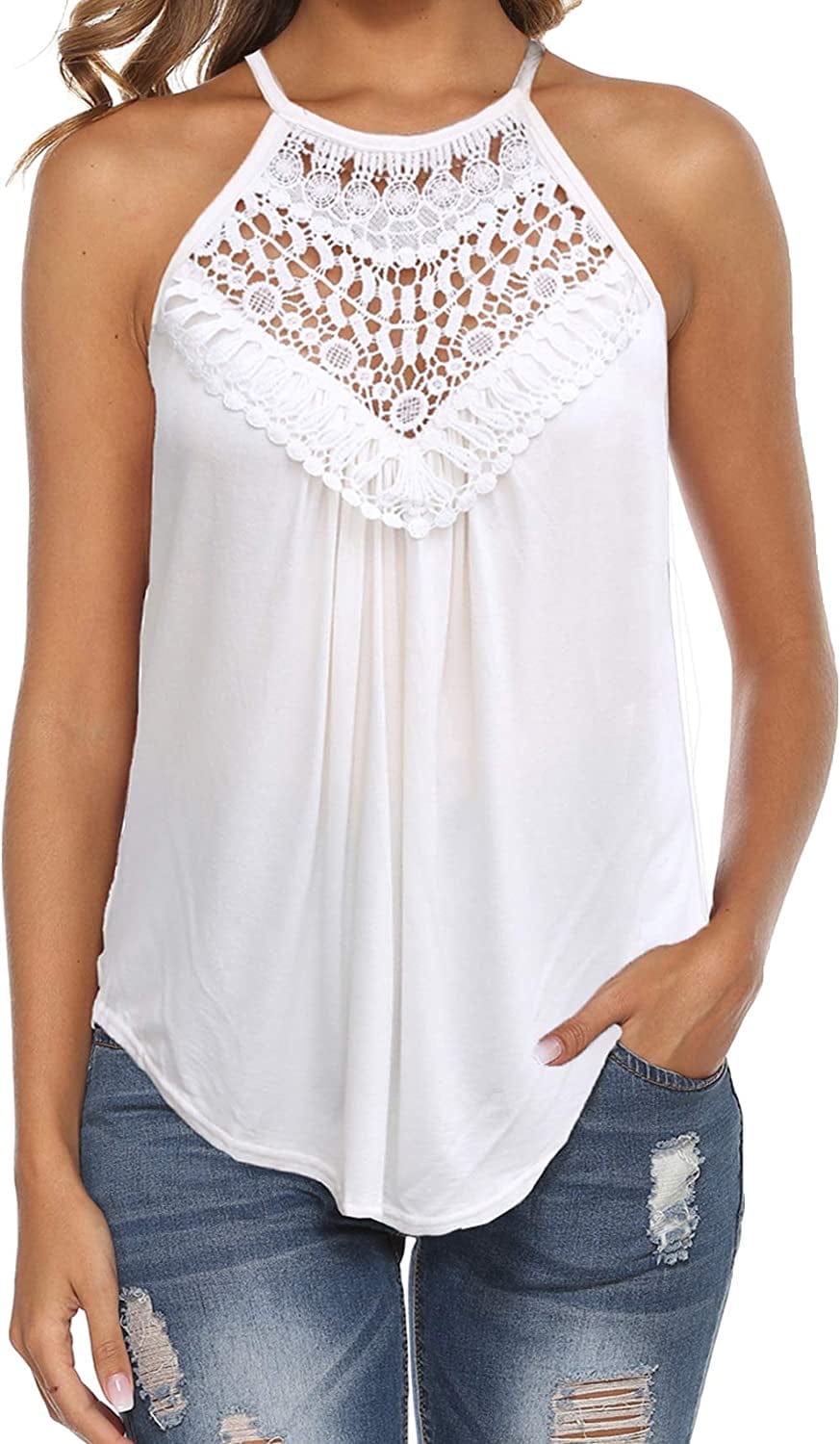 Halter Tank Tops for Women Summer Spaghetti Strap Lace Sleeveless Tops Shirts Off-white / Large