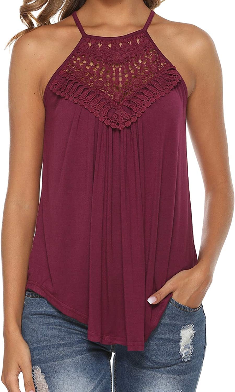 Halter Tank Tops for Women Summer Spaghetti Strap Lace Sleeveless Tops Shirts Burgundy / Large