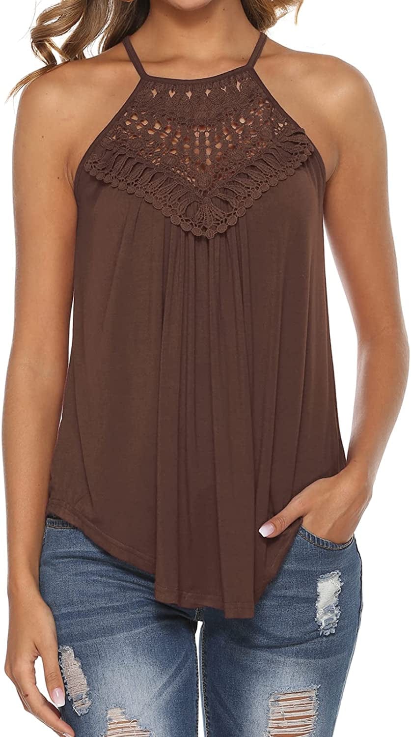 Halter Tank Tops for Women Summer Spaghetti Strap Lace Sleeveless Tops Shirts Brown / Large