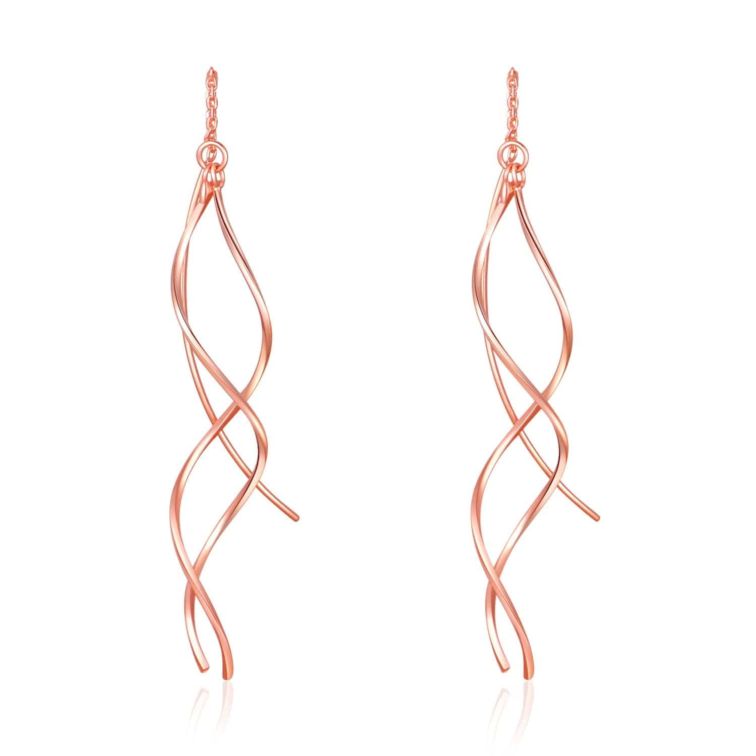 Handmade Earrings for Women, 925 Sterling Silver Earrings, Fashionable Long Threader Earrings, Twisted Linear Curved Dangle Drop Earrings, Hypoallergenic Tiny Twist Earrings Gift for Teens Girls Rose Gold