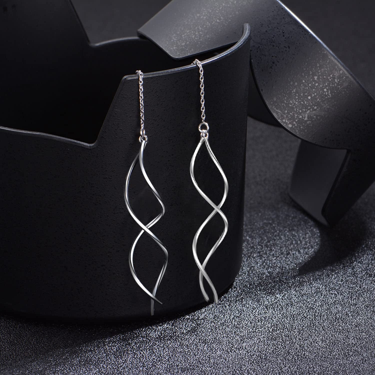 Handmade Earrings for Women, 925 Sterling Silver Earrings, Fashionable Long Threader Earrings, Twisted Linear Curved Dangle Drop Earrings, Hypoallergenic Tiny Twist Earrings Gift for Teens Girls