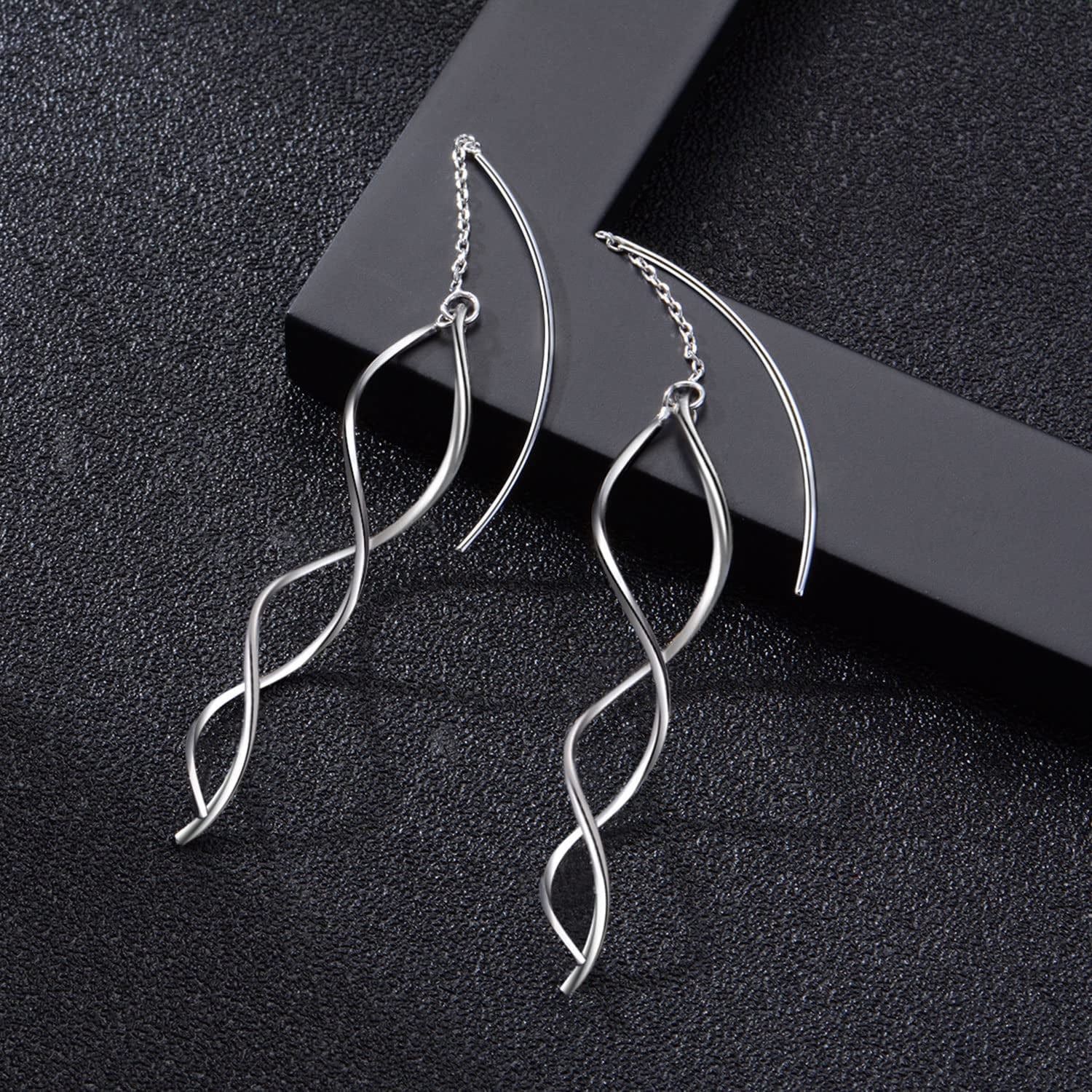 Handmade Earrings for Women, 925 Sterling Silver Earrings, Fashionable Long Threader Earrings, Twisted Linear Curved Dangle Drop Earrings, Hypoallergenic Tiny Twist Earrings Gift for Teens Girls