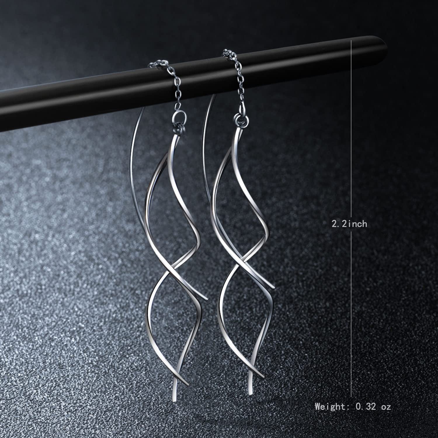 Handmade Earrings for Women, 925 Sterling Silver Earrings, Fashionable Long Threader Earrings, Twisted Linear Curved Dangle Drop Earrings, Hypoallergenic Tiny Twist Earrings Gift for Teens Girls