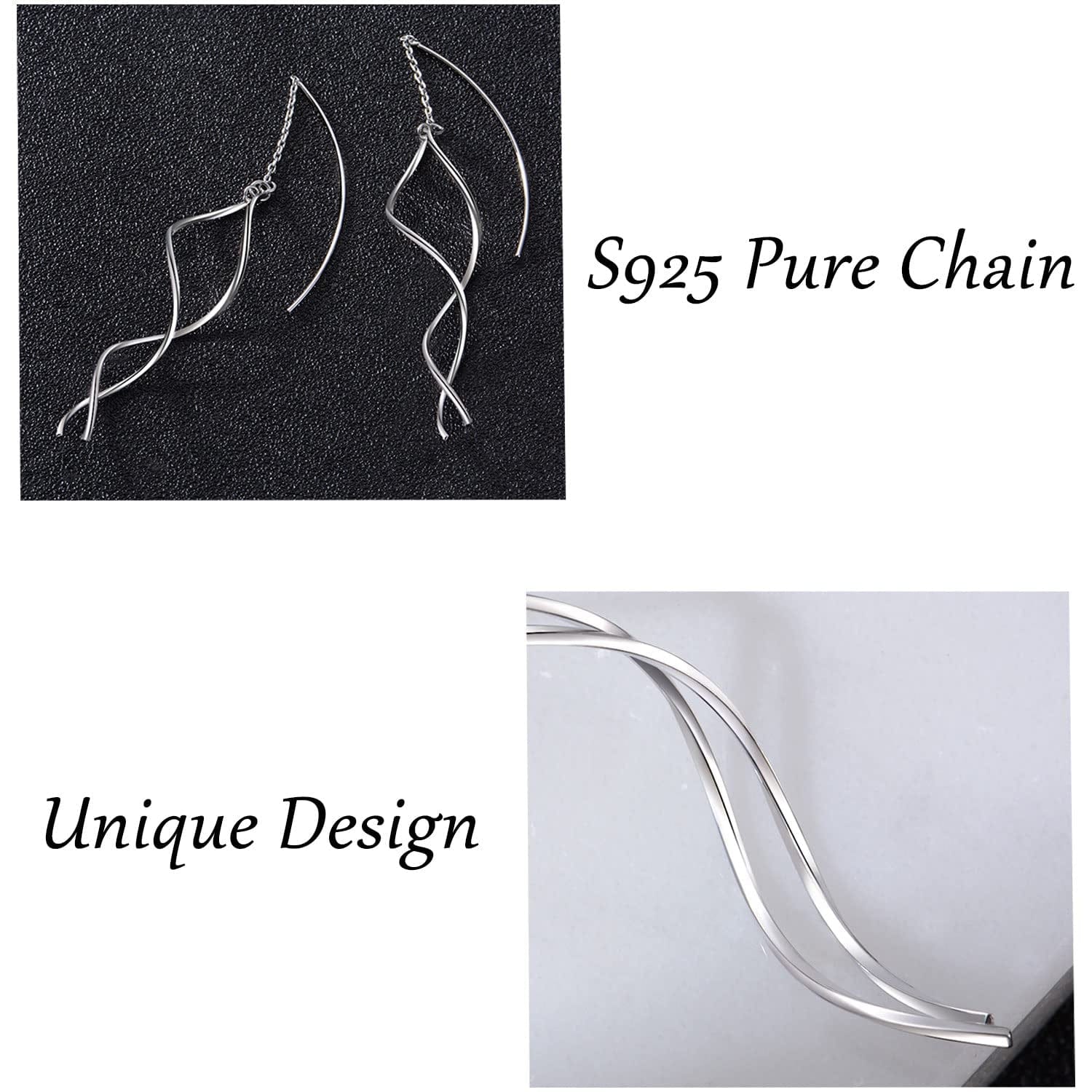Handmade Earrings for Women, 925 Sterling Silver Earrings, Fashionable Long Threader Earrings, Twisted Linear Curved Dangle Drop Earrings, Hypoallergenic Tiny Twist Earrings Gift for Teens Girls