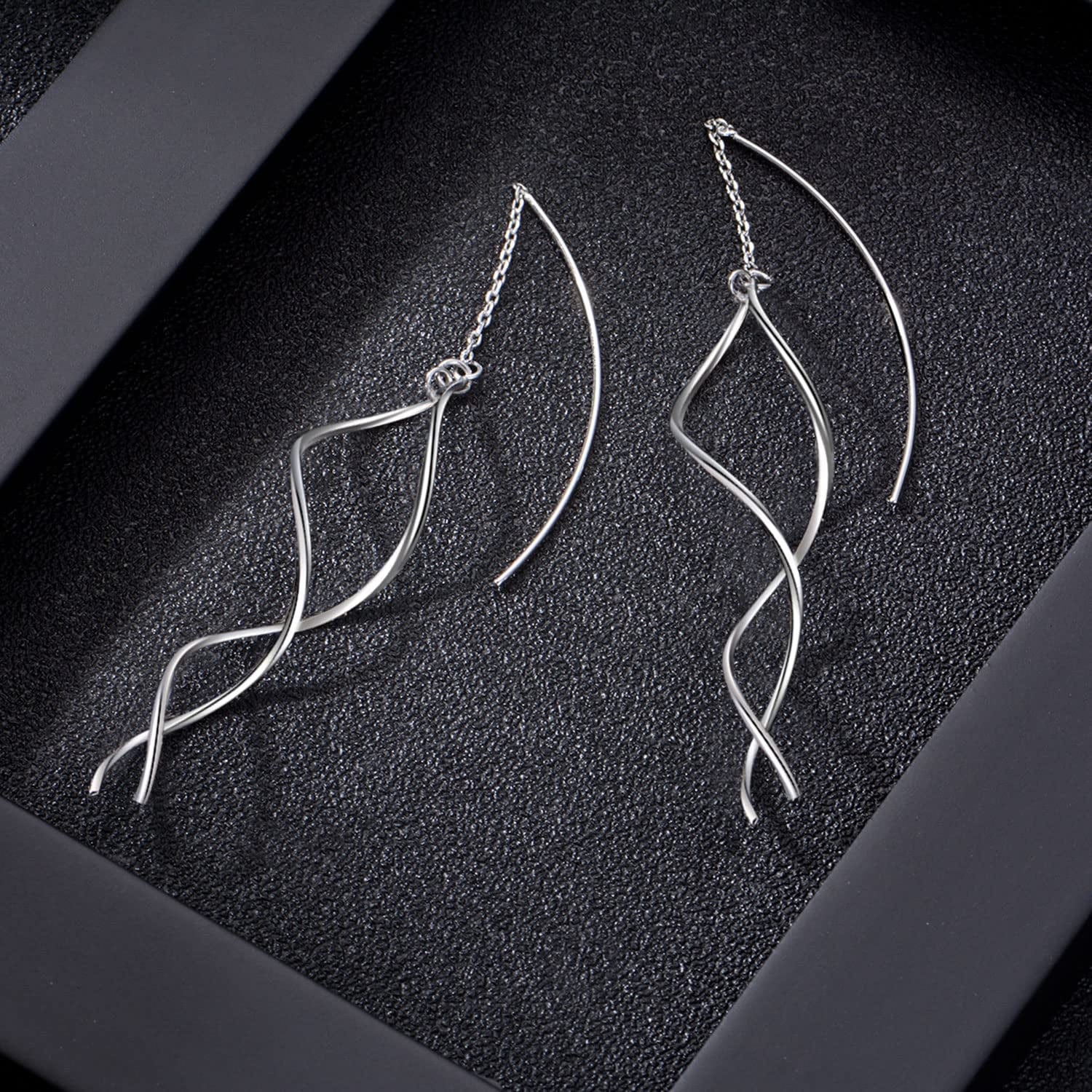 Handmade Earrings for Women, 925 Sterling Silver Earrings, Fashionable Long Threader Earrings, Twisted Linear Curved Dangle Drop Earrings, Hypoallergenic Tiny Twist Earrings Gift for Teens Girls
