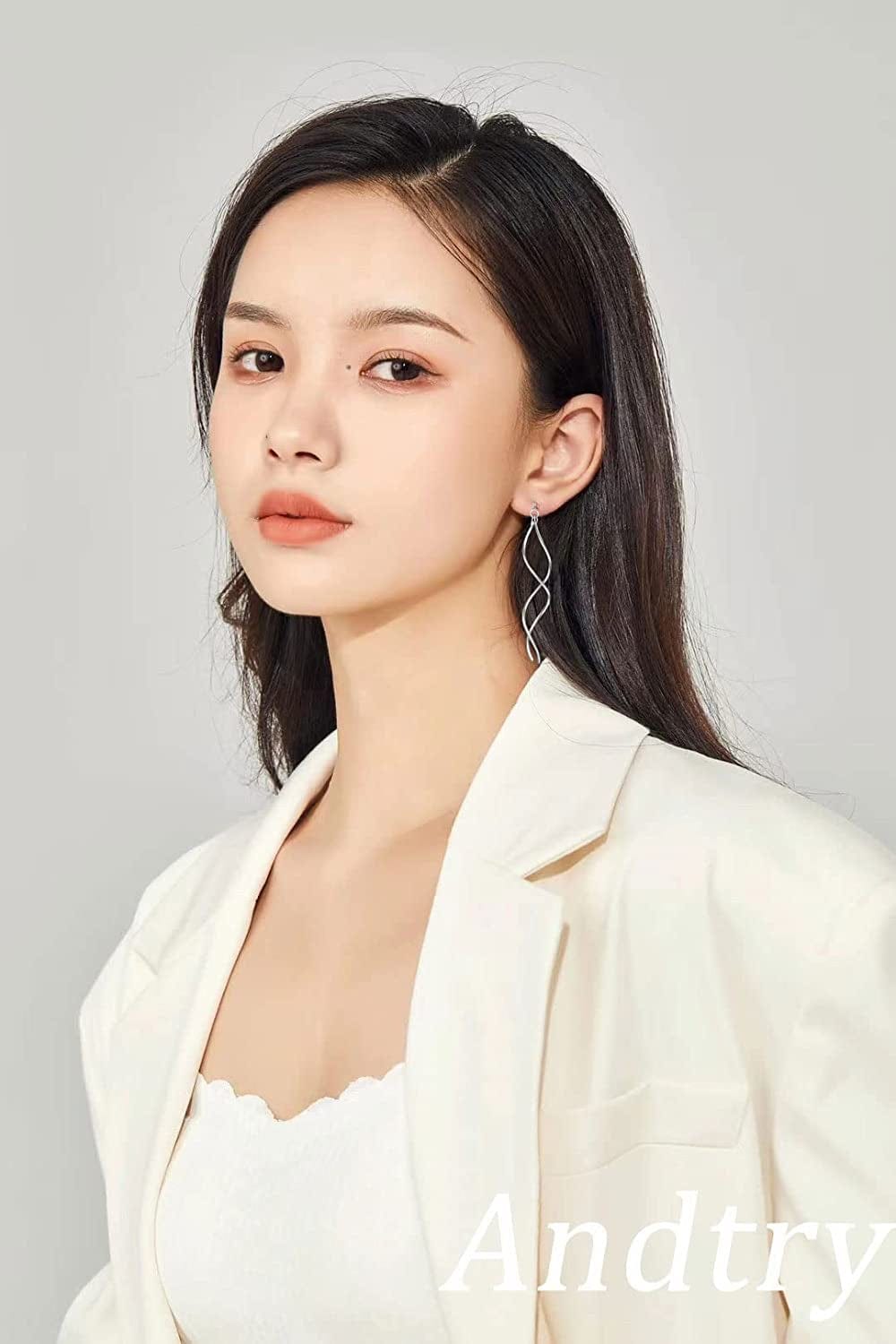 Handmade Earrings for Women, 925 Sterling Silver Earrings, Fashionable Long Threader Earrings, Twisted Linear Curved Dangle Drop Earrings, Hypoallergenic Tiny Twist Earrings Gift for Teens Girls