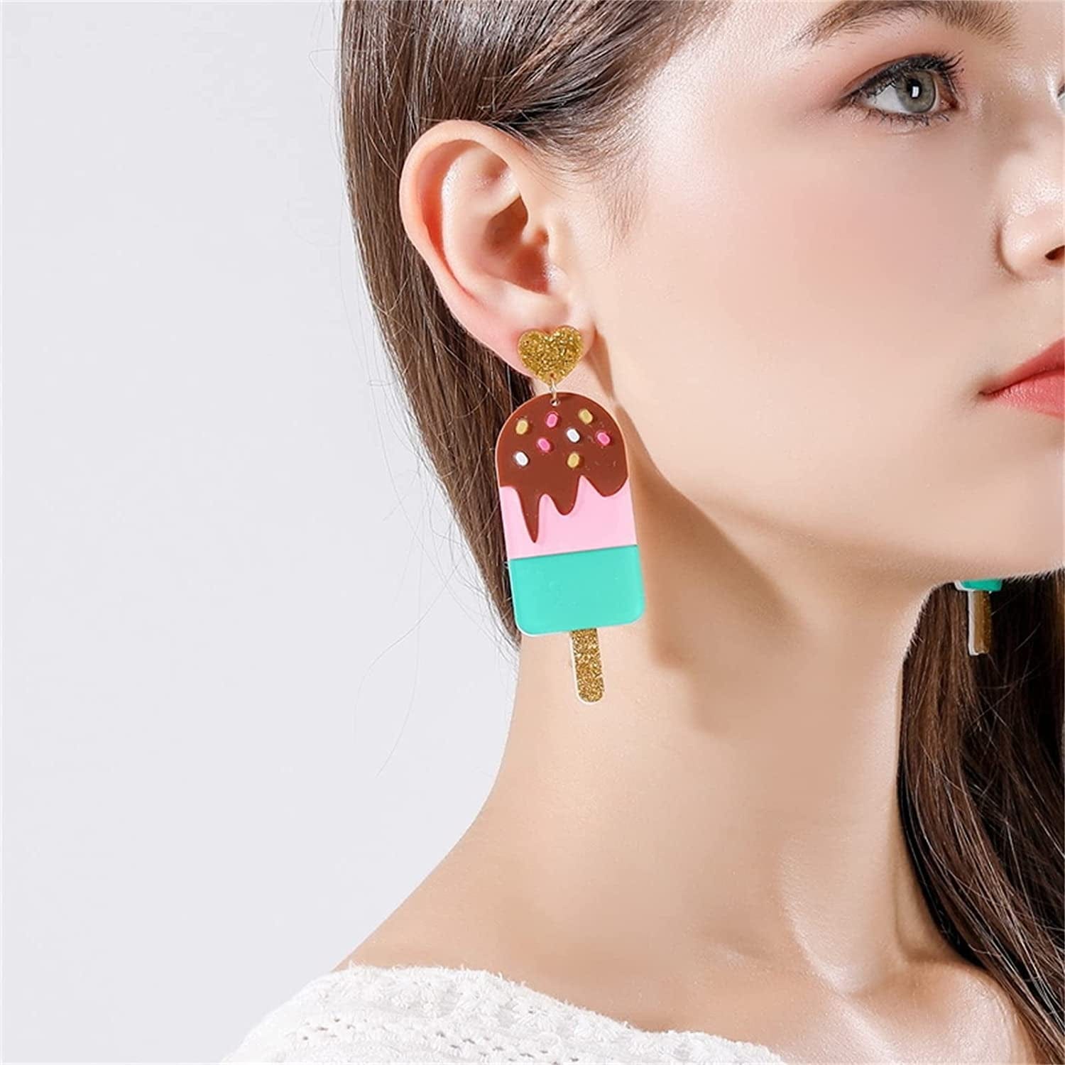 Handmade Imitate Acrylic Food Dangle Earrings Unique Colorful Sweetheart Funny Earrings Cute Ice Cream Cake Hamburger Earrings for Women Girls Statement Jewellery Gifts