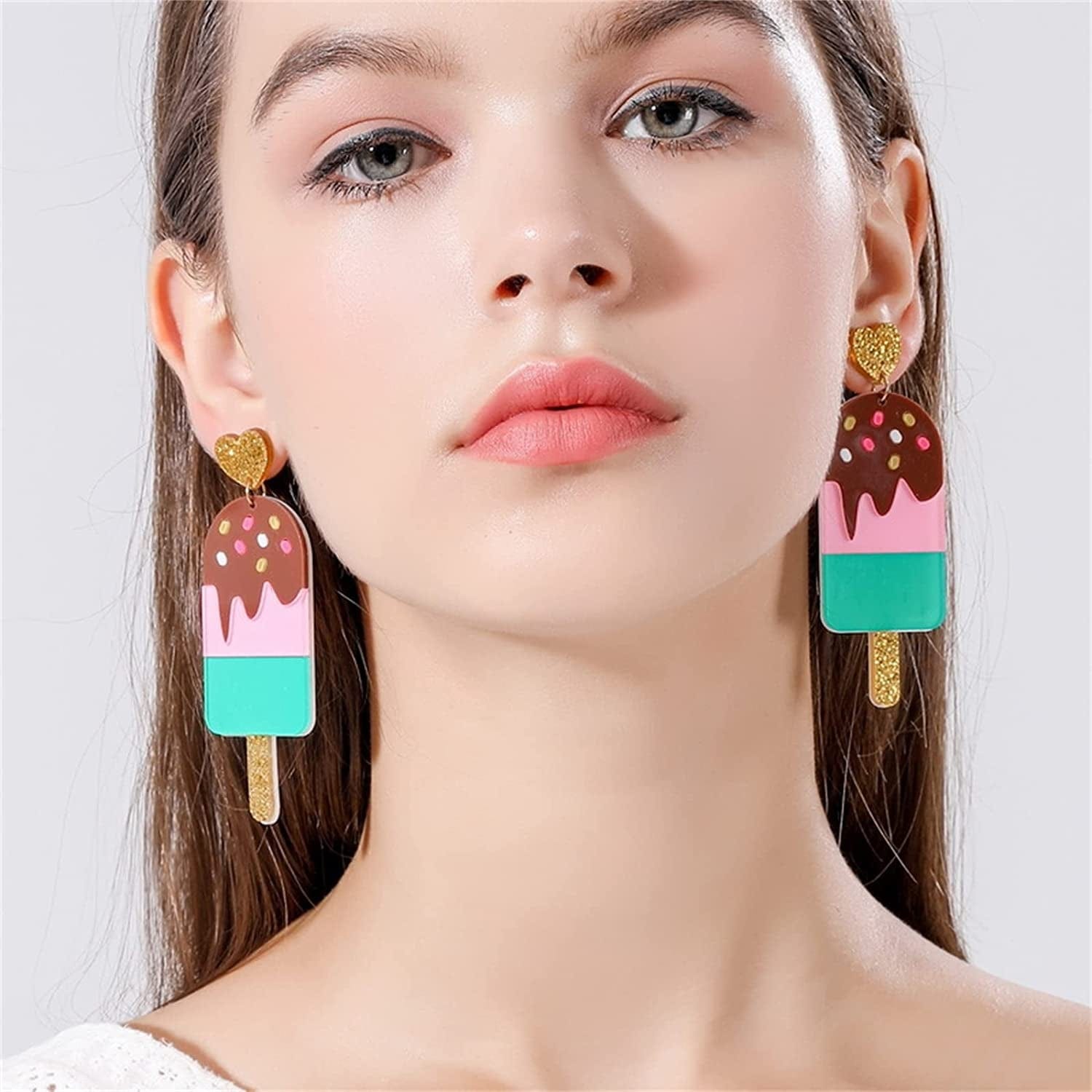 Handmade Imitate Acrylic Food Dangle Earrings Unique Colorful Sweetheart Funny Earrings Cute Ice Cream Cake Hamburger Earrings for Women Girls Statement Jewellery Gifts