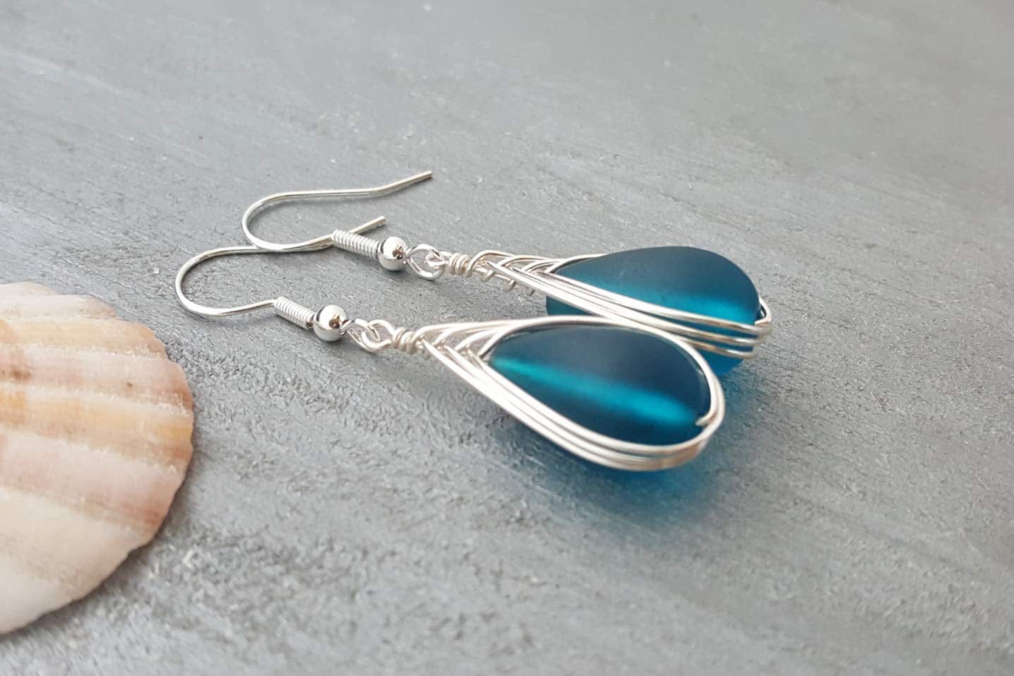 Handmade in Hawaii, Wire Braided Teal Blue Sea Glass Earrings, Hawaiian Gift, (Hawaii Gift Wrapped, Customizable Gift Message)