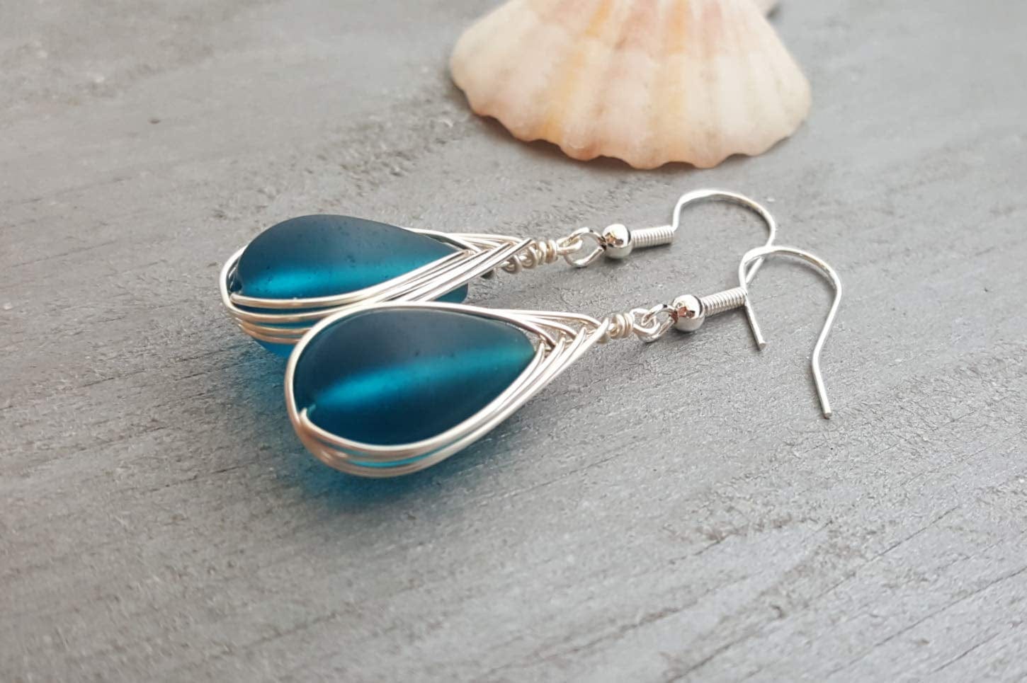 Handmade in Hawaii, Wire Braided Teal Blue Sea Glass Earrings, Hawaiian Gift, (Hawaii Gift Wrapped, Customizable Gift Message)