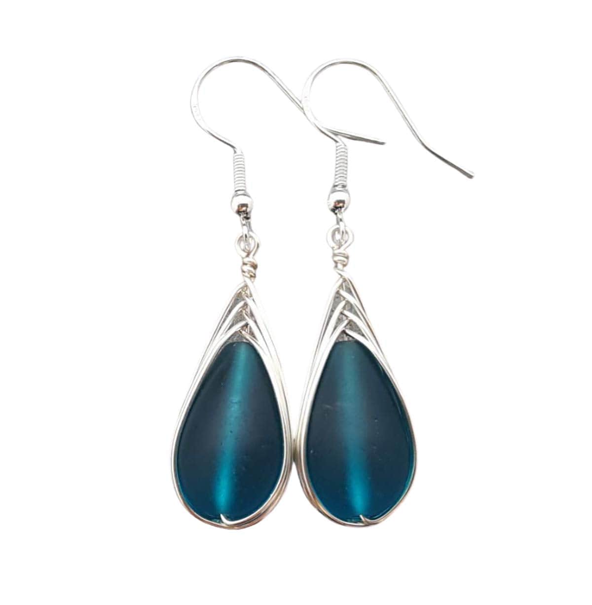 Handmade in Hawaii, Wire Braided Teal Blue Sea Glass Earrings, Hawaiian Gift, (Hawaii Gift Wrapped, Customizable Gift Message)