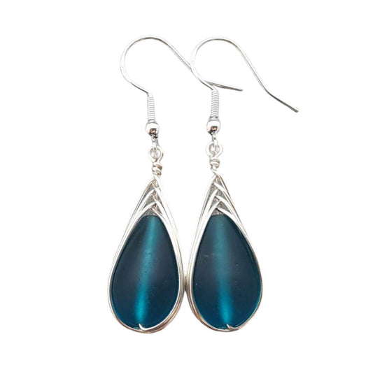 Handmade in Hawaii, Wire Braided Teal Blue Sea Glass Earrings, Hawaiian Gift, (Hawaii Gift Wrapped, Customizable Gift Message)