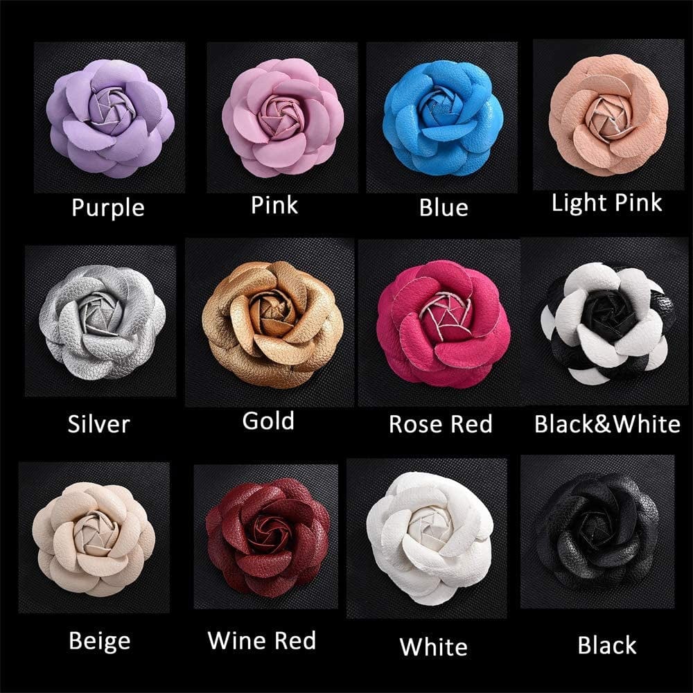 Handmade PU Leather Camellia Flower Brooch,Boutonniere Lapel Pin Jewelry Brooches Flower Corsage Gifts Camellia Pin DIY Blue,Wine Red,Gold,White,Silver,Rose,Purple AMX2V0650HUS 0