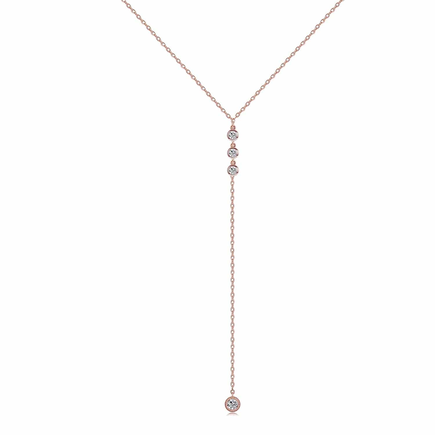 Handmade Sterling Silver Lariat Necklace, Simulated Diamond 18K Gold Plated Dainty Drop Y Chain Necklace for Women (Gold) Round diamonds-Rose Gold