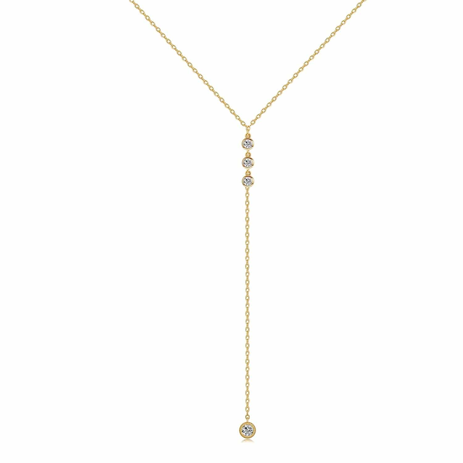Handmade Sterling Silver Lariat Necklace, Simulated Diamond 18K Gold Plated Dainty Drop Y Chain Necklace for Women (Gold) Round diamonds-Gold