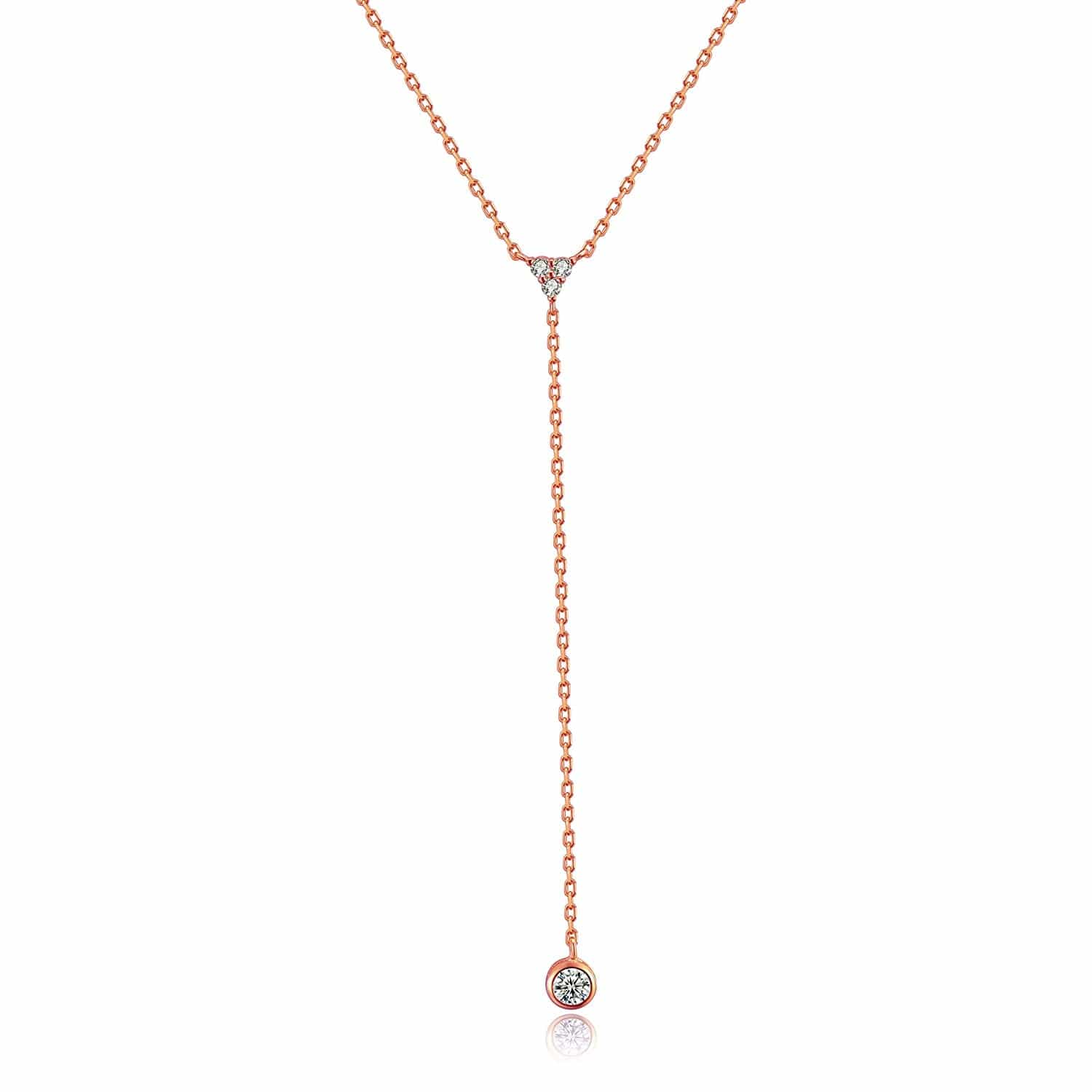 Handmade Sterling Silver Lariat Necklace, Simulated Diamond 18K Gold Plated Dainty Drop Y Chain Necklace for Women (Gold) Rose Gold