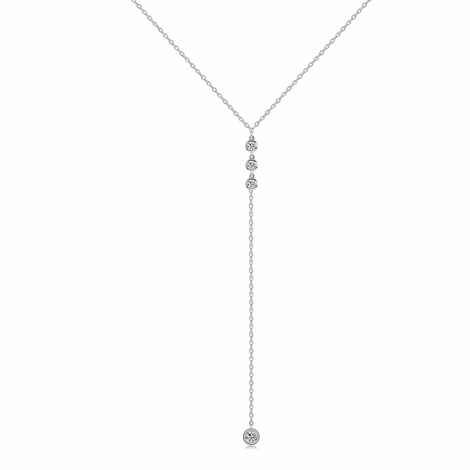 Handmade Sterling Silver Lariat Necklace, Simulated Diamond 18K Gold Plated Dainty Drop Y Chain Necklace for Women (Gold) Round diamonds-Silver
