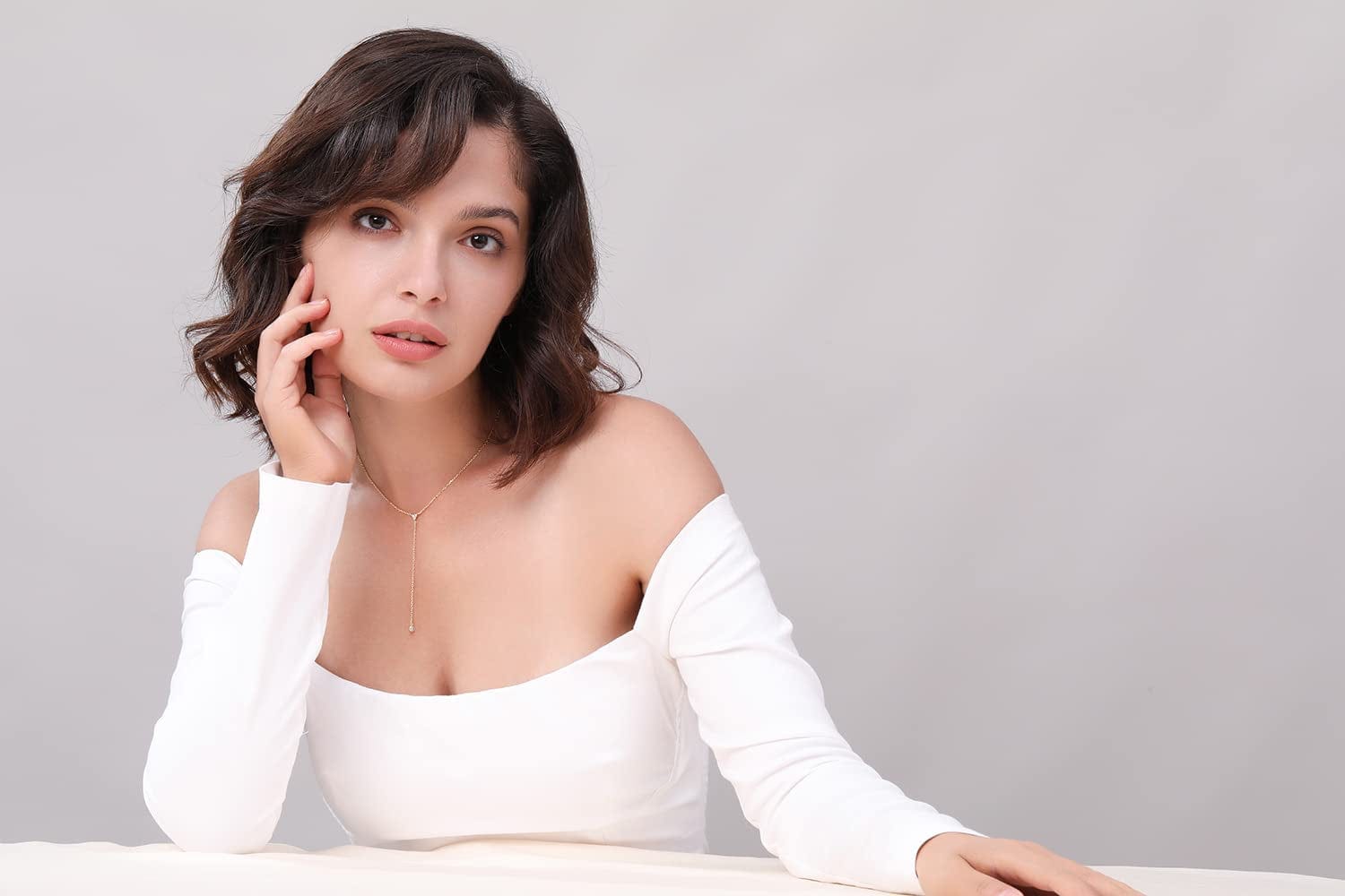 Handmade Sterling Silver Lariat Necklace, Simulated Diamond 18K Gold Plated Dainty Drop Y Chain Necklace for Women (Gold)