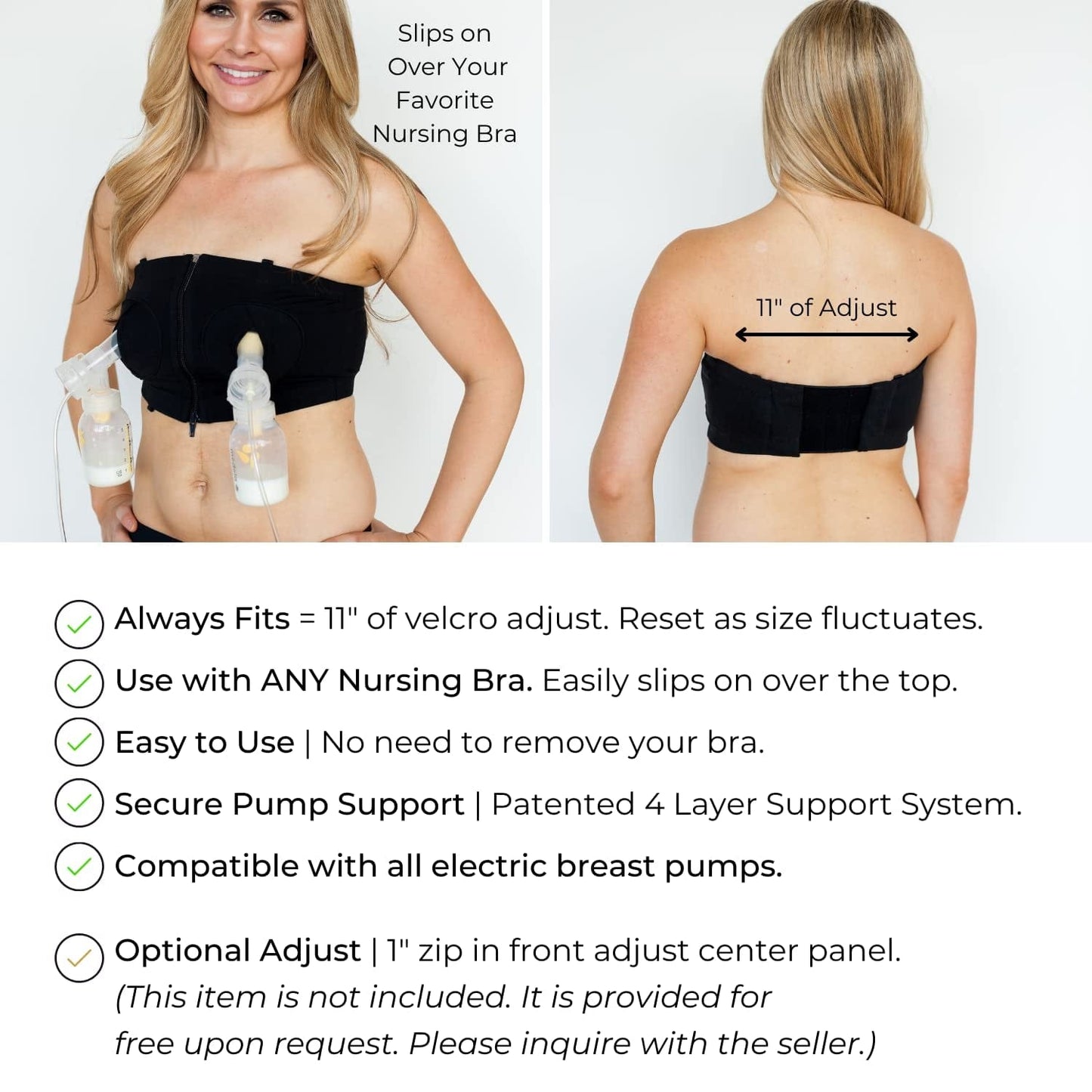 Hands-Free Pumping Bra - Comfortable, Adjustable, Customizable - Converts Nursing Bra or Maternity Bra to Breast Pump Bra - Bra for Breastfeeding Pumps for Women - XS/L - Black