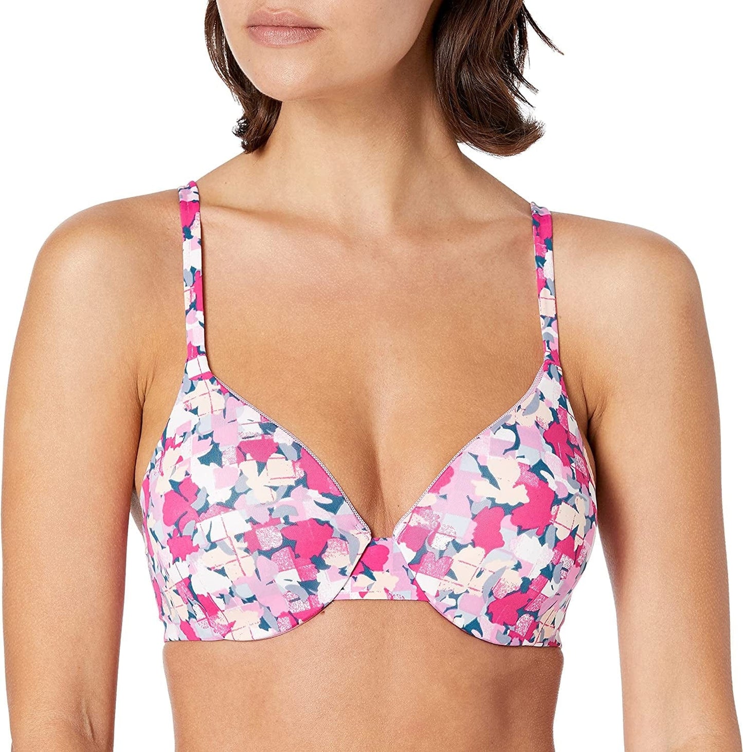 Hanes Ultimate Underwire Bra, Low-Cut T-Shirt Bra, Convertible Underwire Bra, Convertible Underwire T-Shirt Bra Pink Floral Grid Print / Comfortable / 40D